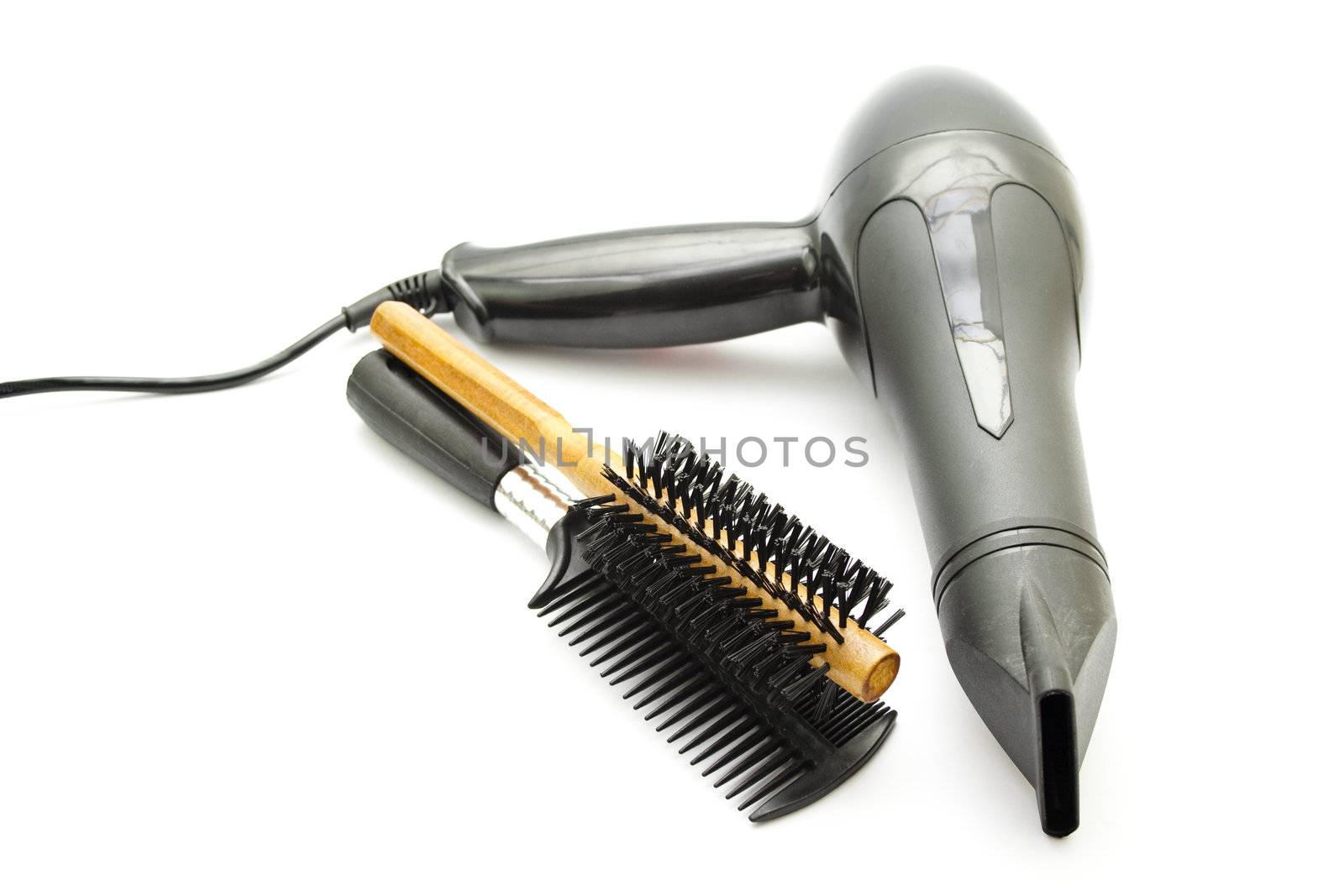 Black Hairdryer with Wooden Comb and Plastic Comb