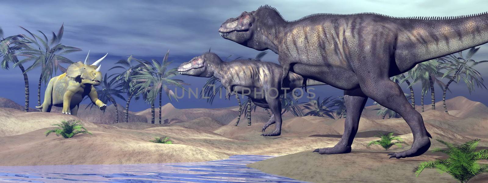 Two tyrannosaurus attacking one triceratops dinosaur in desertic landscape with palm trees and water by night