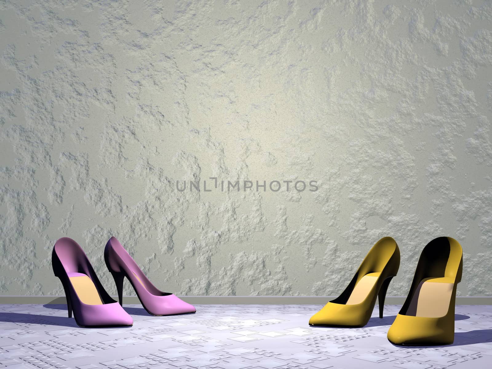 Two pairs of colorful high heels in the street