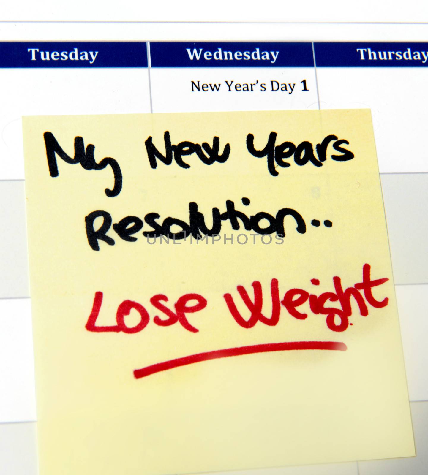 New Years Resolution Lose Weight postit note on Calendar