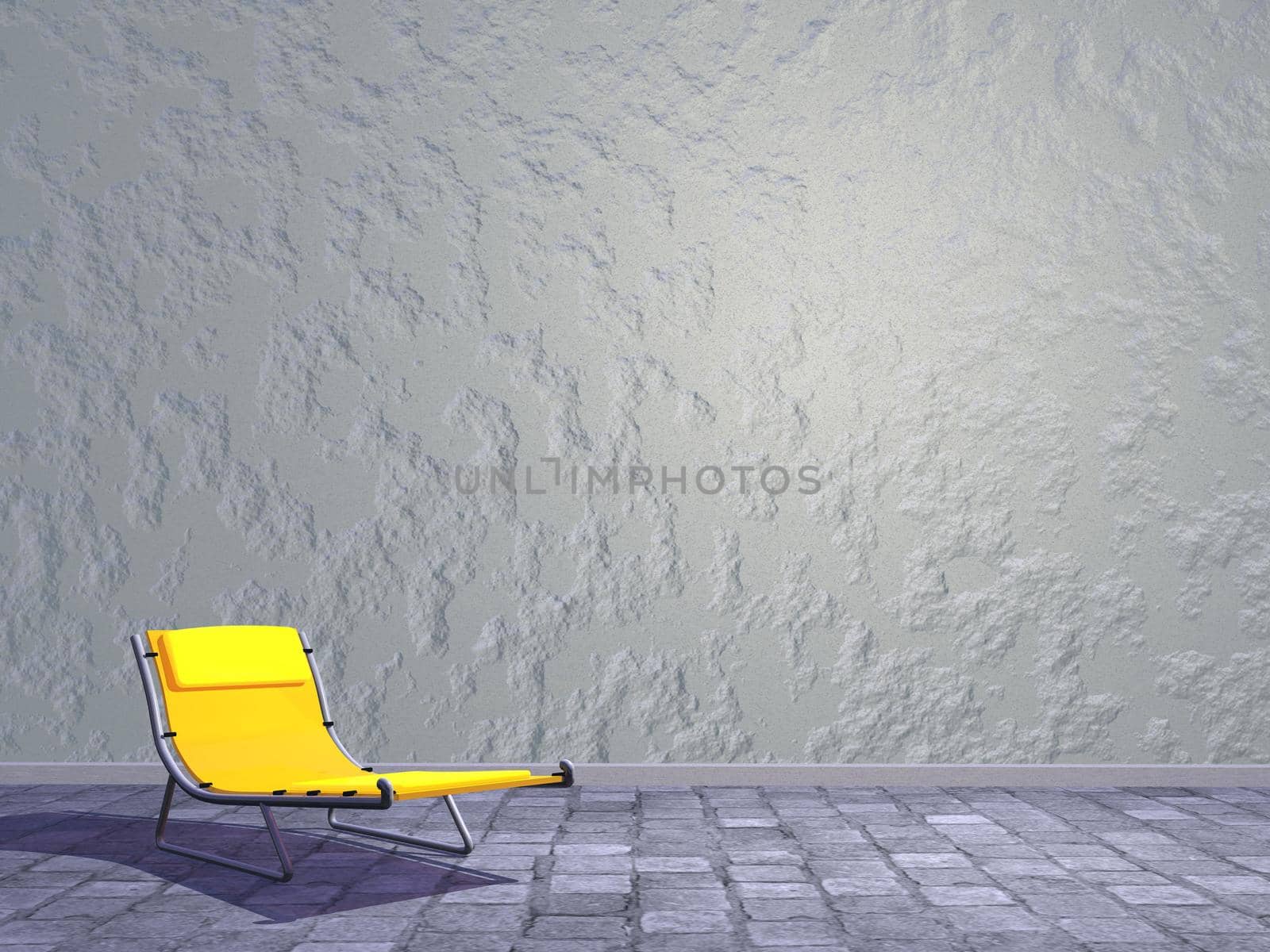 Yellow deck chair for relaxation in an old pavement city street