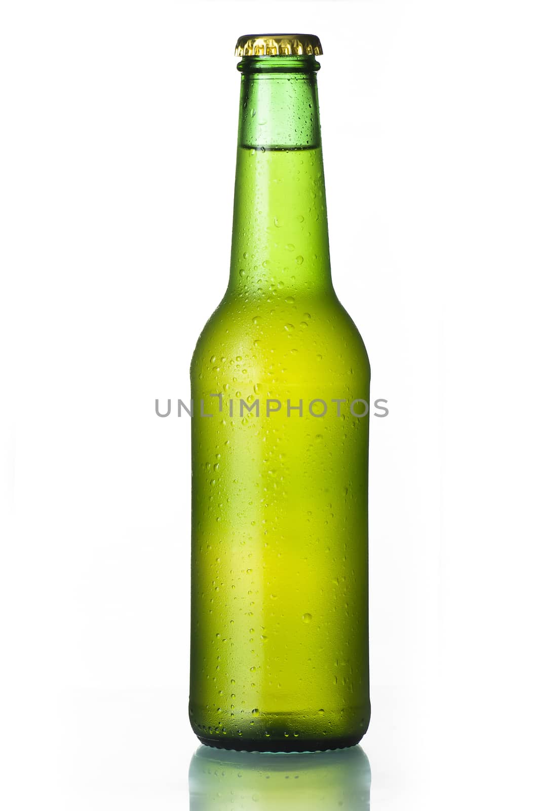 Cold frosted beer bottle on white background.