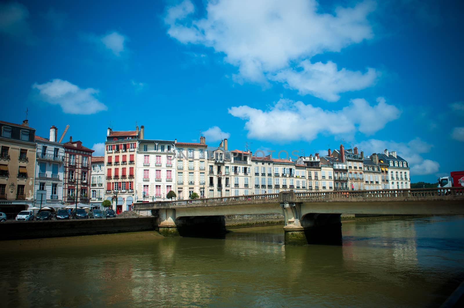 River with Bridge and House Scenic view of Bayonne in France