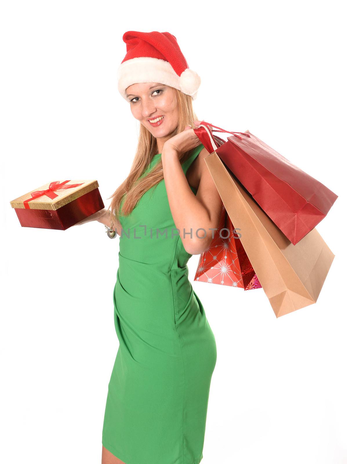 Young beautiful woman in Santa Claus hat with Christmas shopping bags