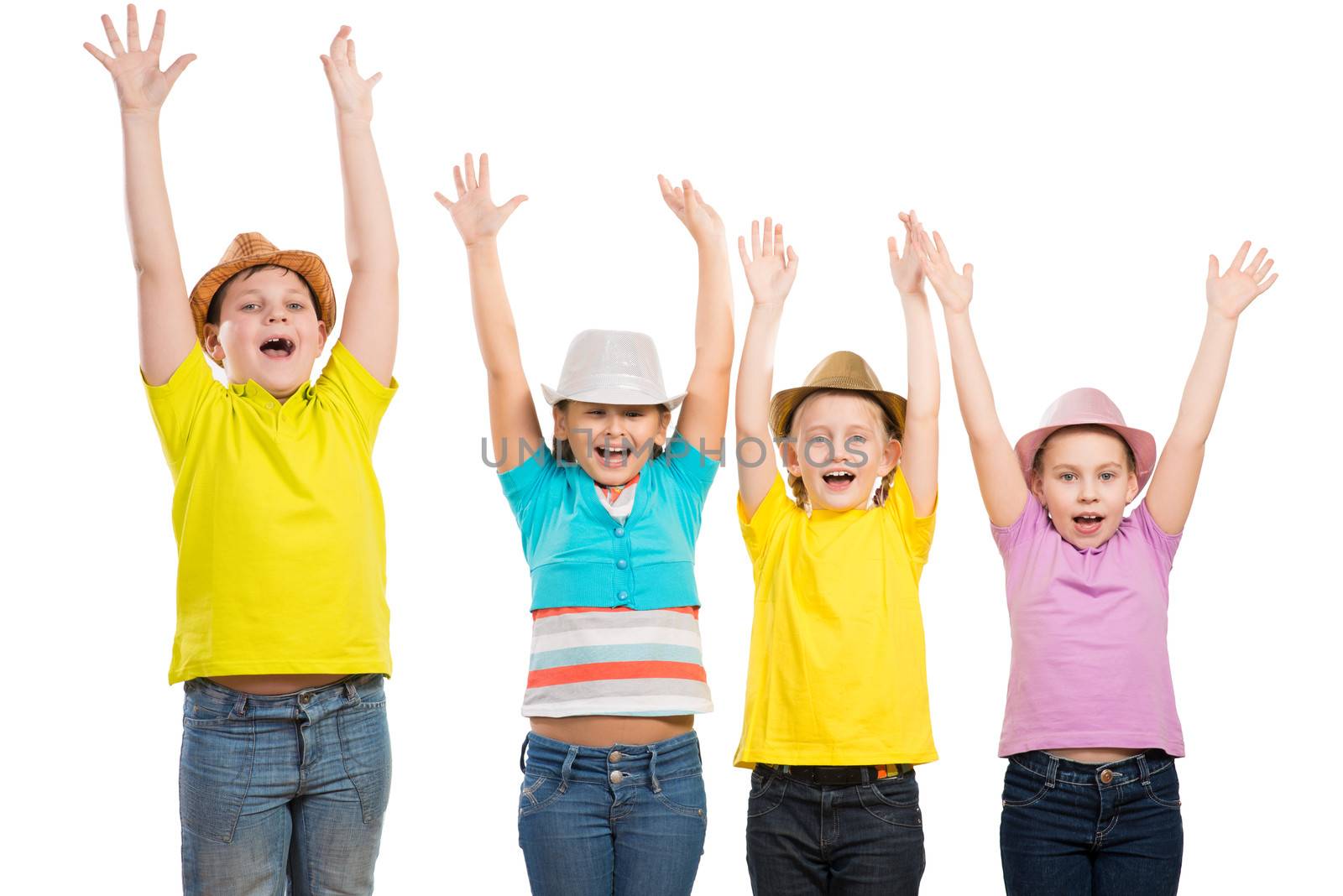 children in a row, wearing a hat. hands up and laugh