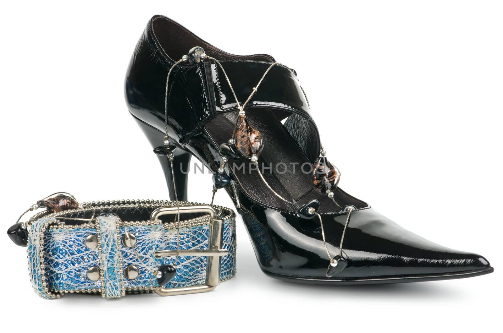 Woman black enameled shoe and blue belt isolated on white