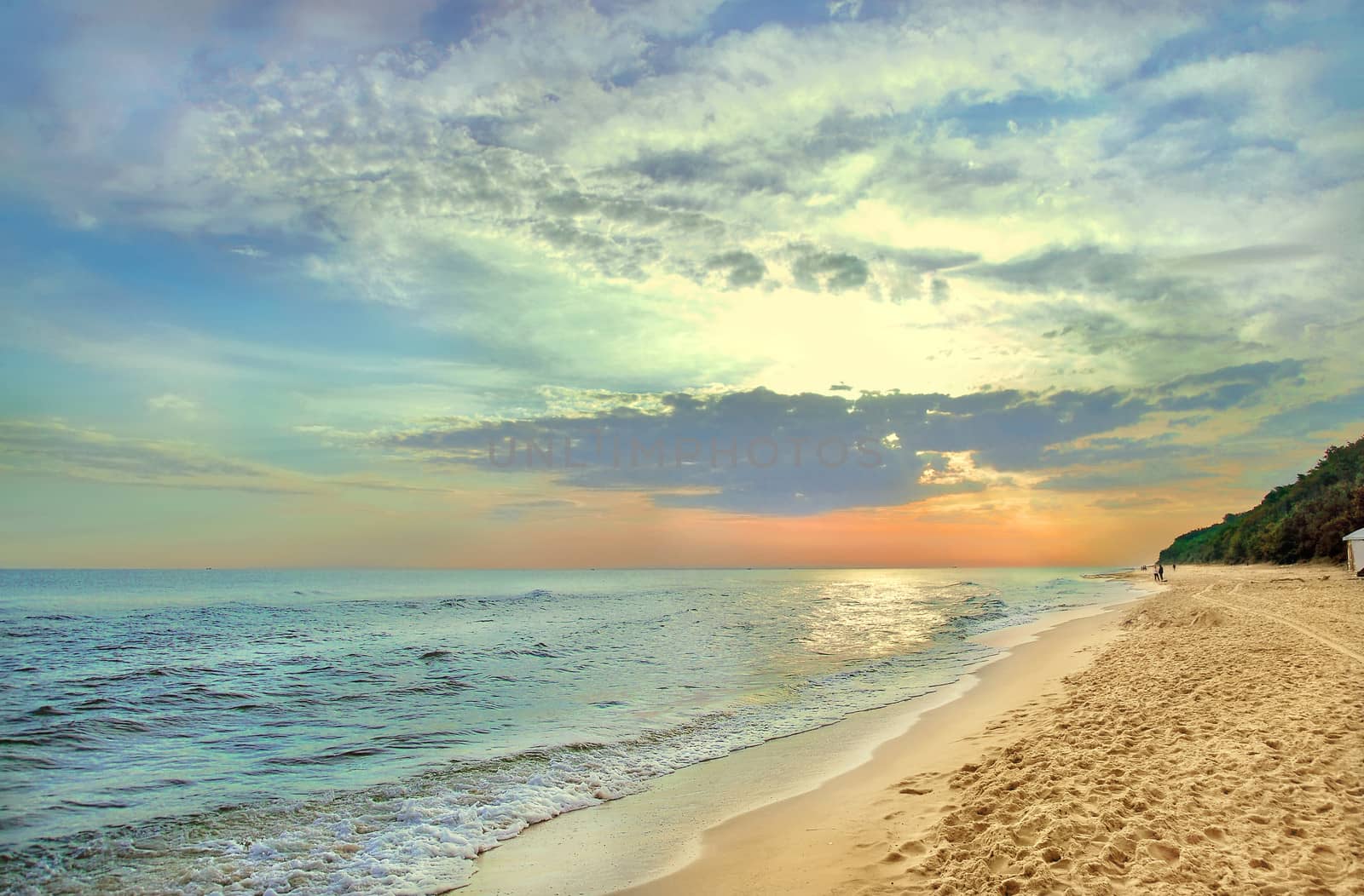 Sunrise on Baltic sea near Falcon Mountain in Poland.