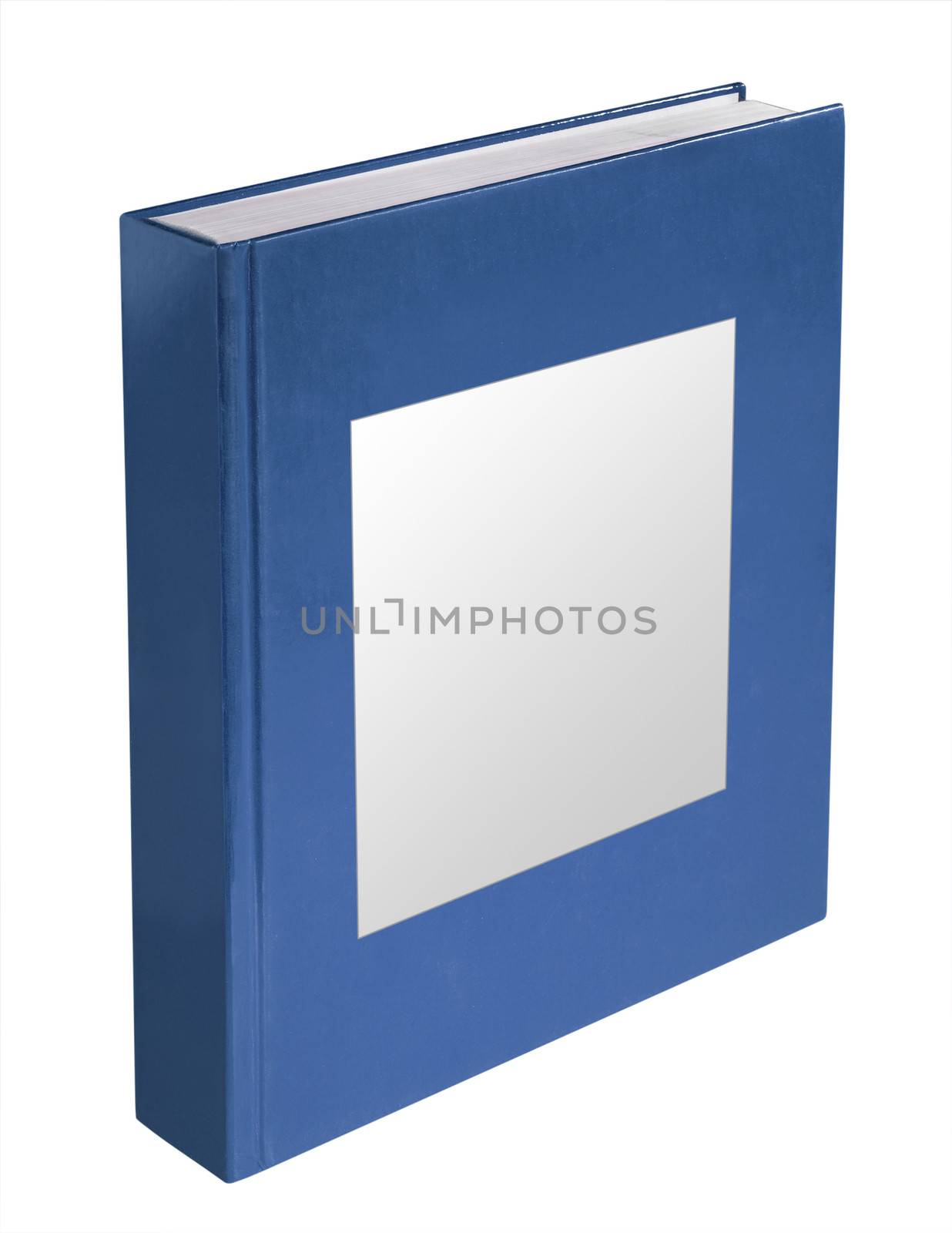 photograph of a blue book with a white label for type, isolated with clipping path