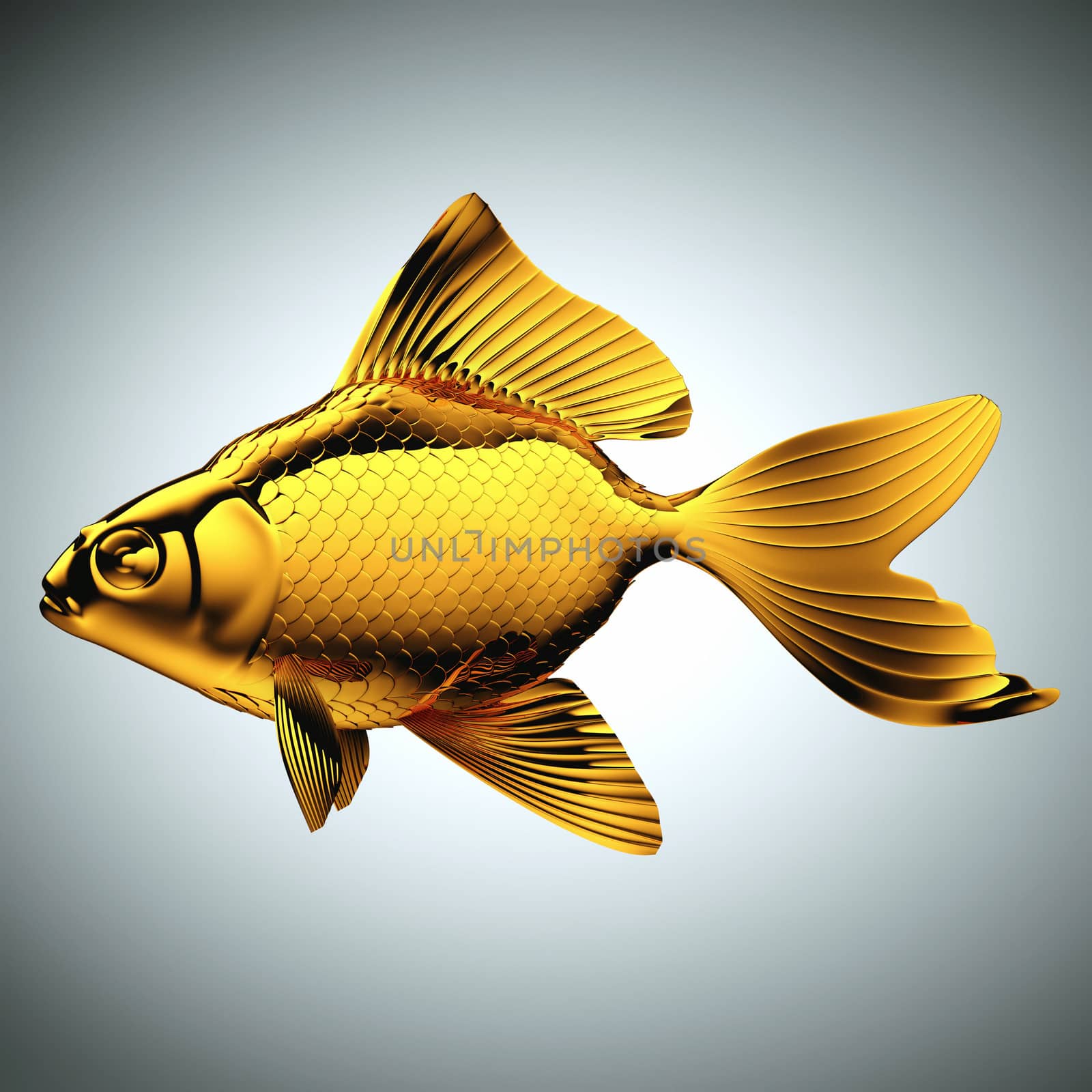 Goldfish made of gold over gray background