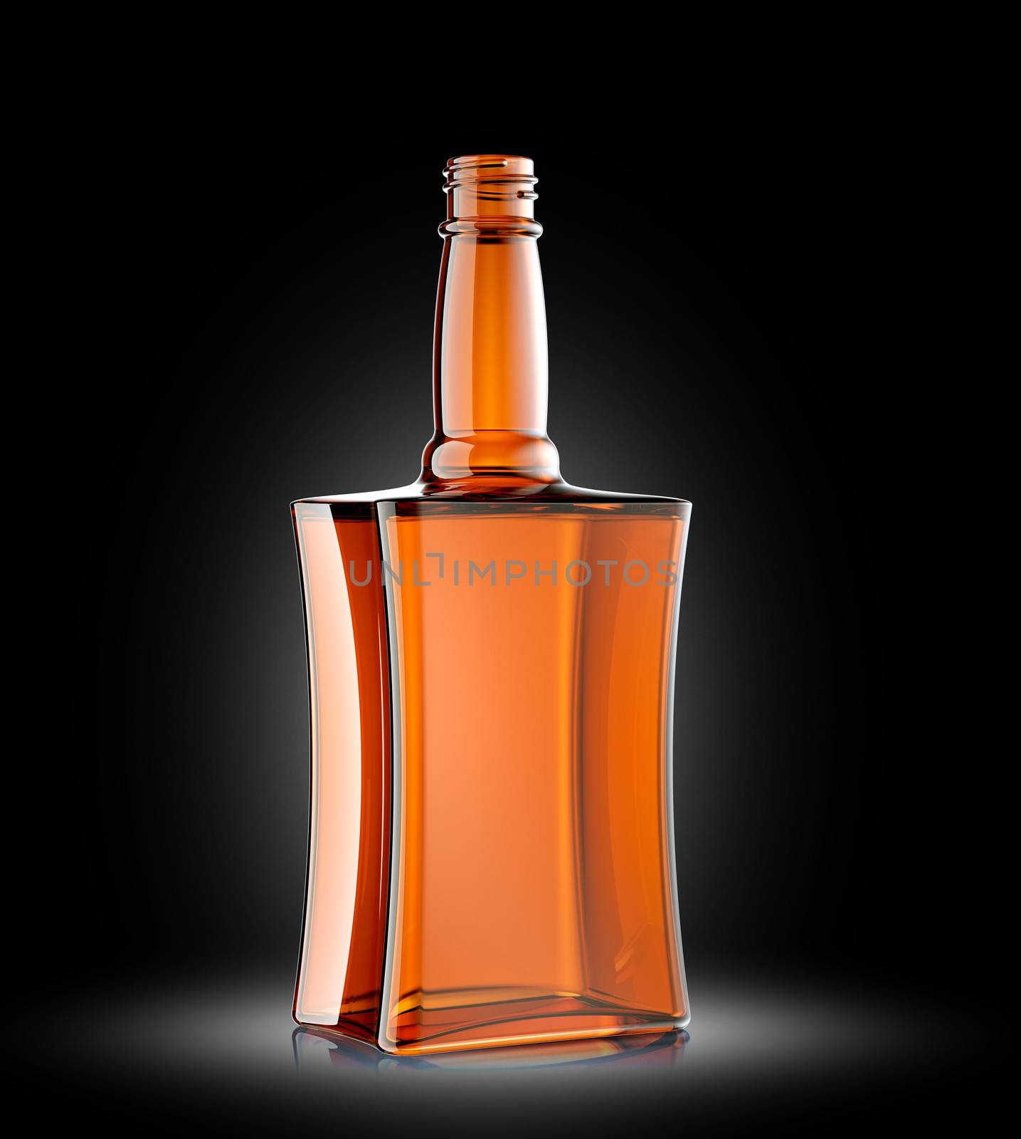 Red glass bottle for cognac or whisky on black background