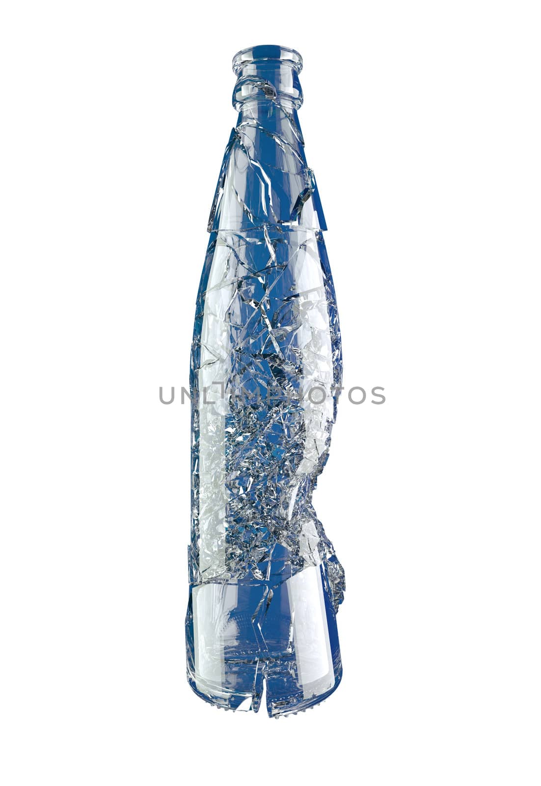 Shattered empty blue glass bottle isolated on white