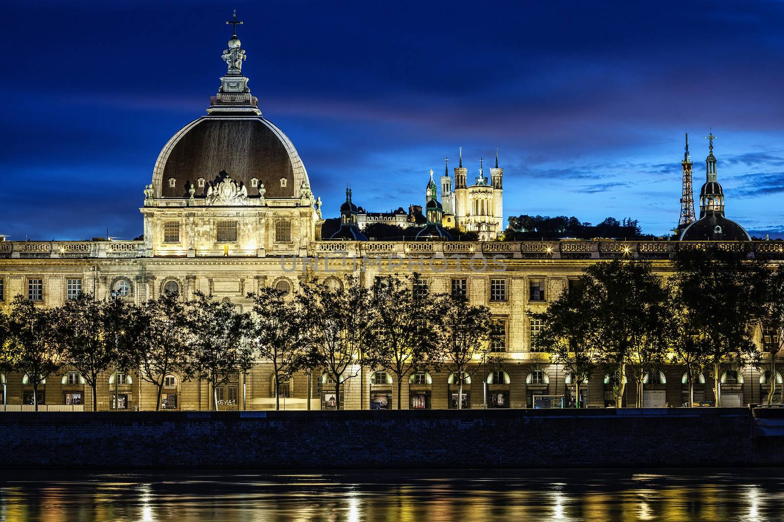 View of Lyon city after sunset with Rhone river