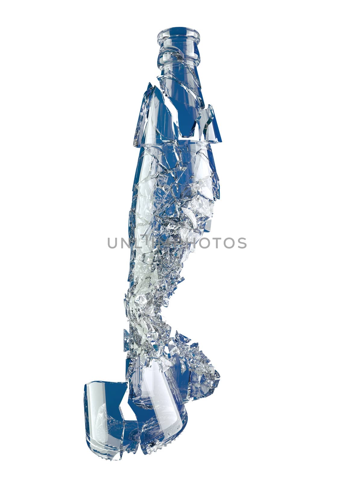 Smashed glass bottle in peices isolated on white