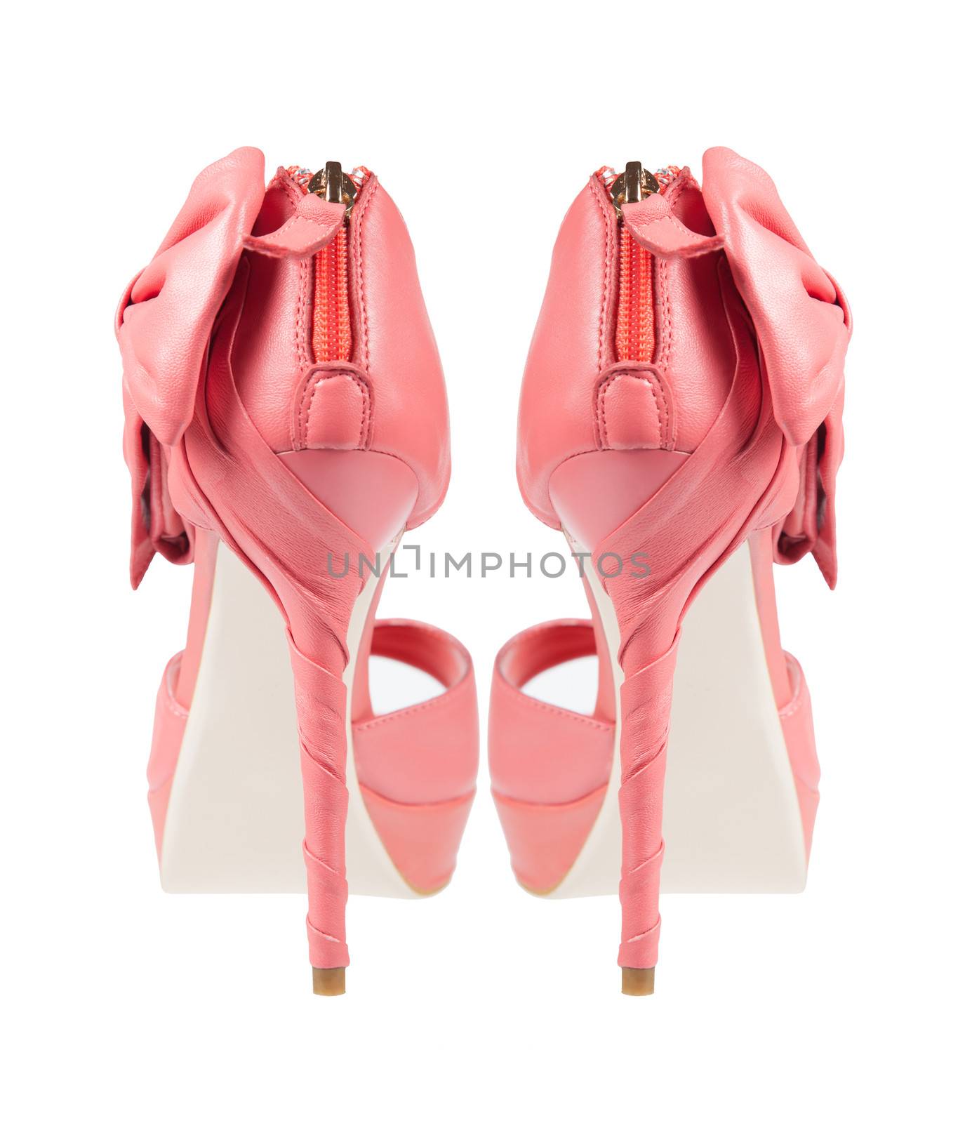Evening pink shoes with a bow on a high heel Isolated on a white background. collage, rear view