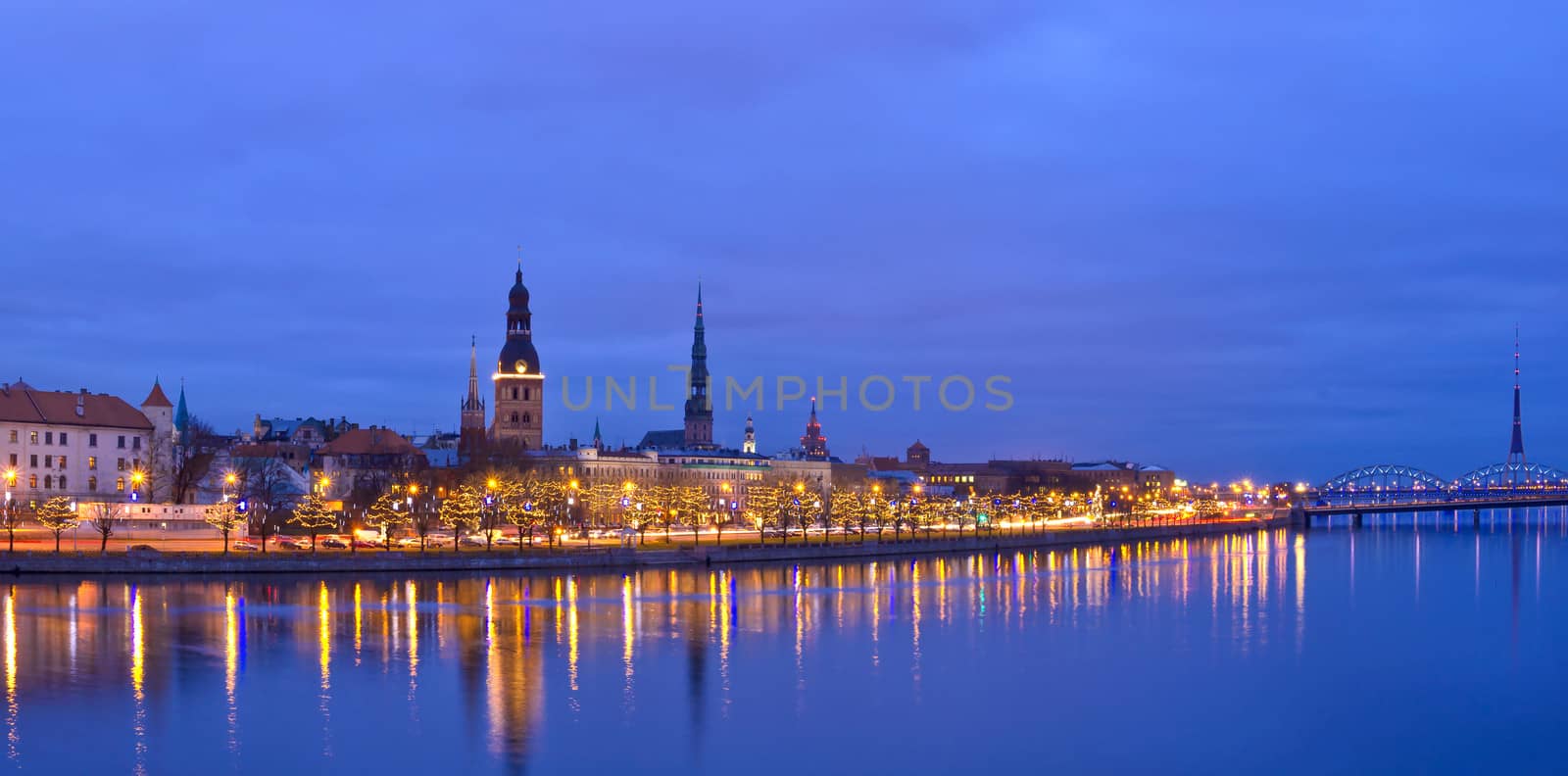 Christmas evening riverside view of old city of Riga, Latvia.