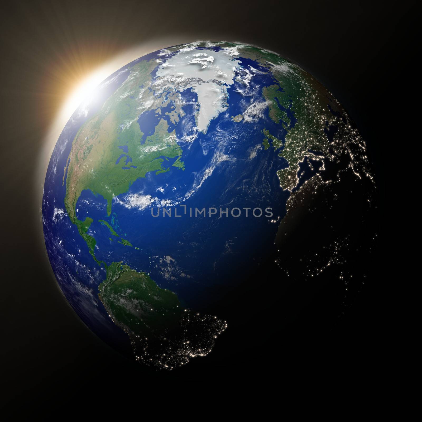 Sunset over North America on blue planet Earth. High detail planet surface with city lights. Elements of this image furnished by NASA.