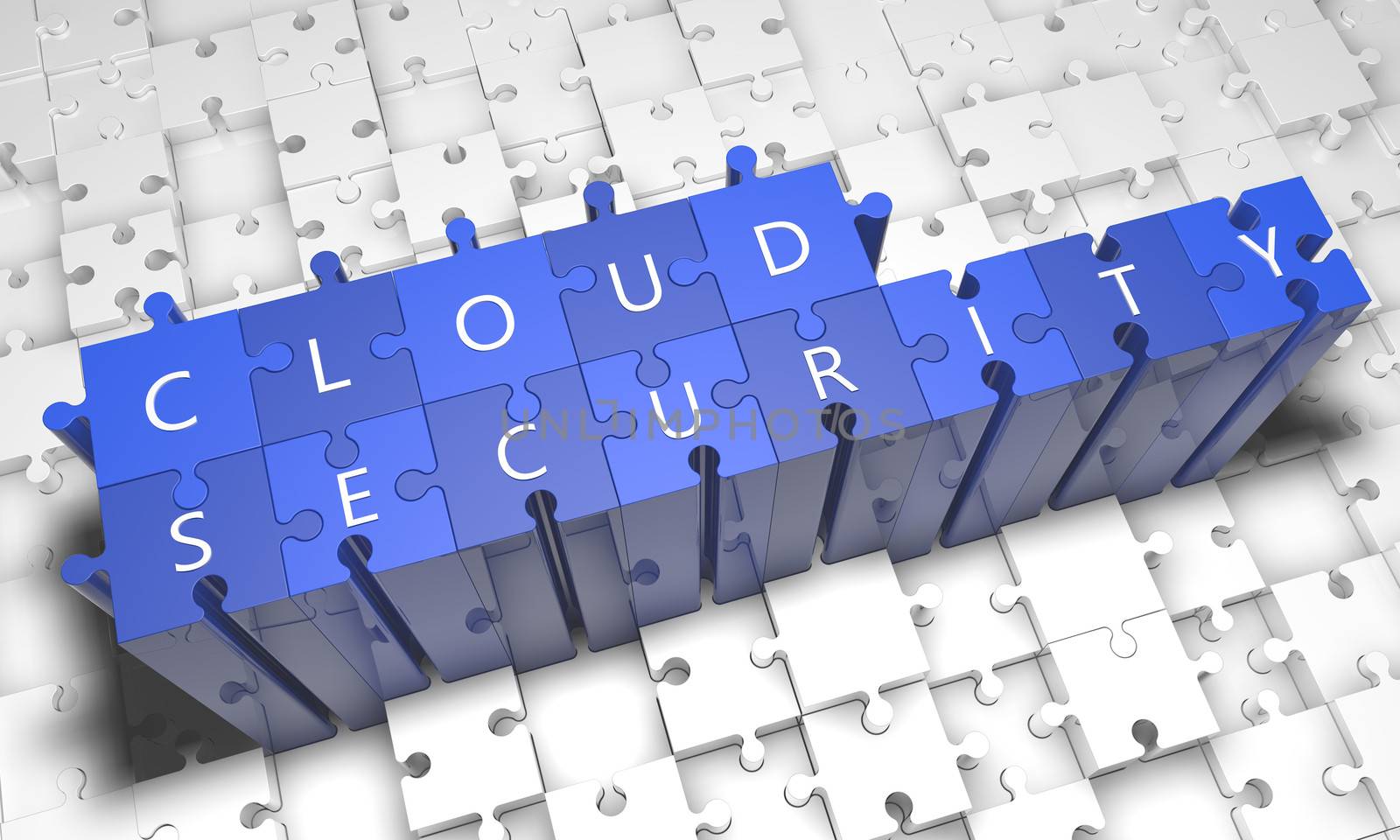 Cloud Security - puzzle 3d render illustration with text on blue jigsaw pieces stick out of white pieces