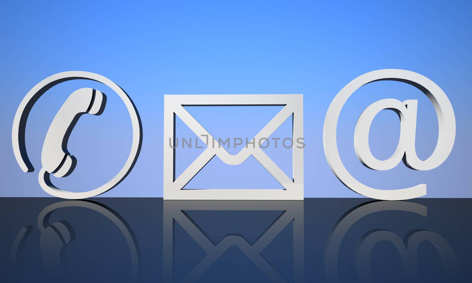 3d render Contact icons on reflective ground with blue background