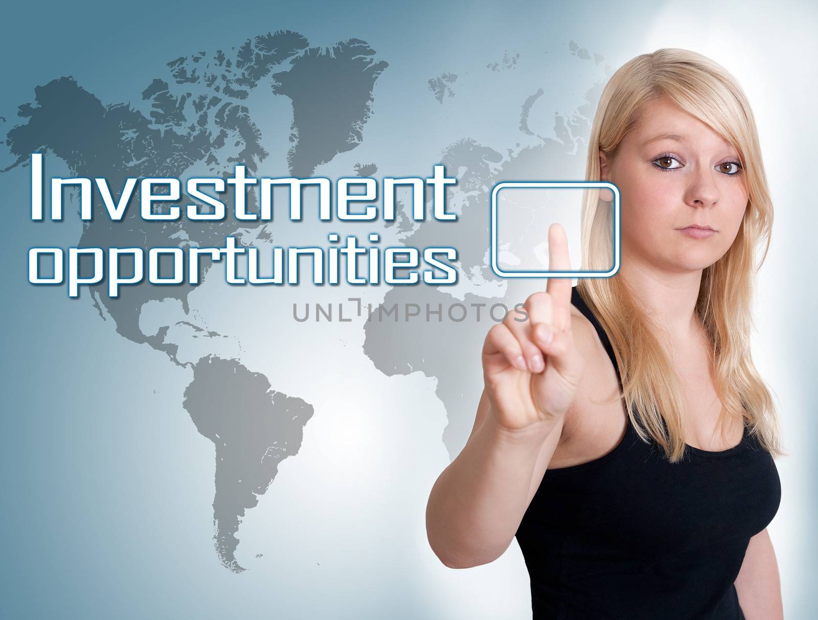 Young woman press digital Investment opportunities button on interface in front of her