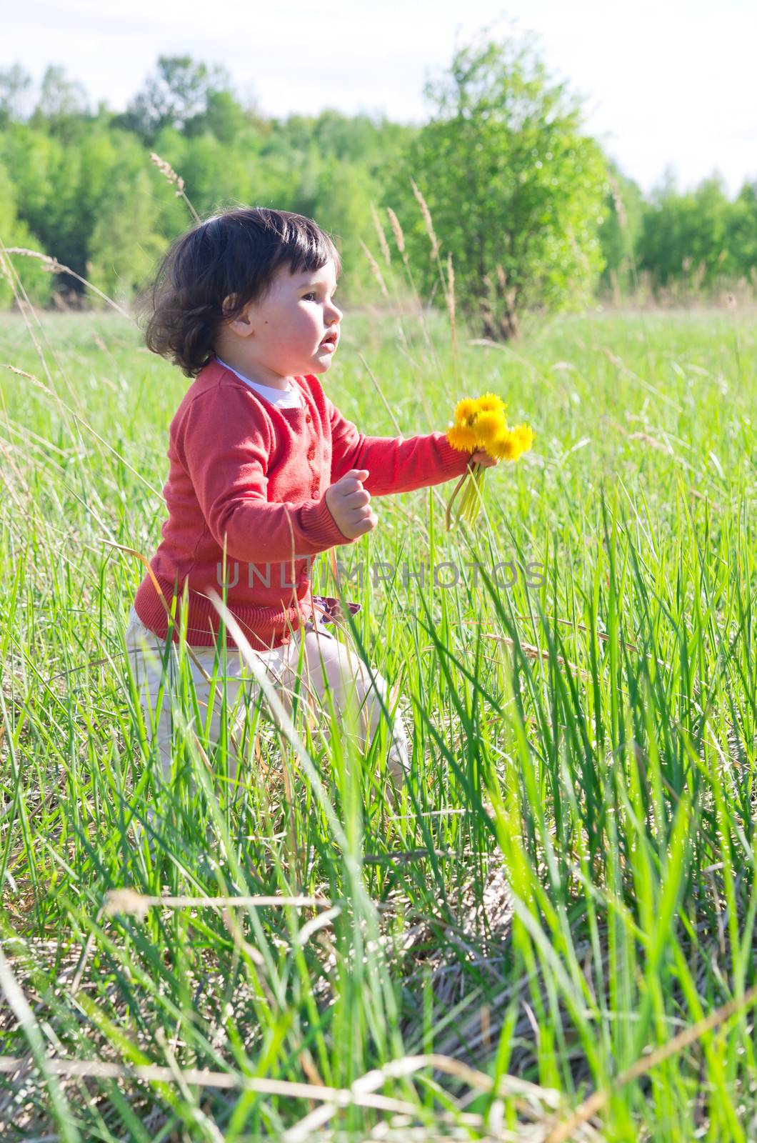 Litle girl running on meadow on sunny day