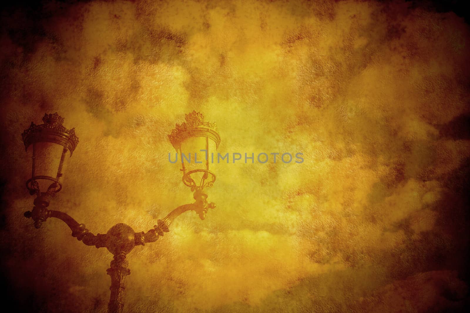 background vintage style lamp and clouds, sepia tone and texture of parchment