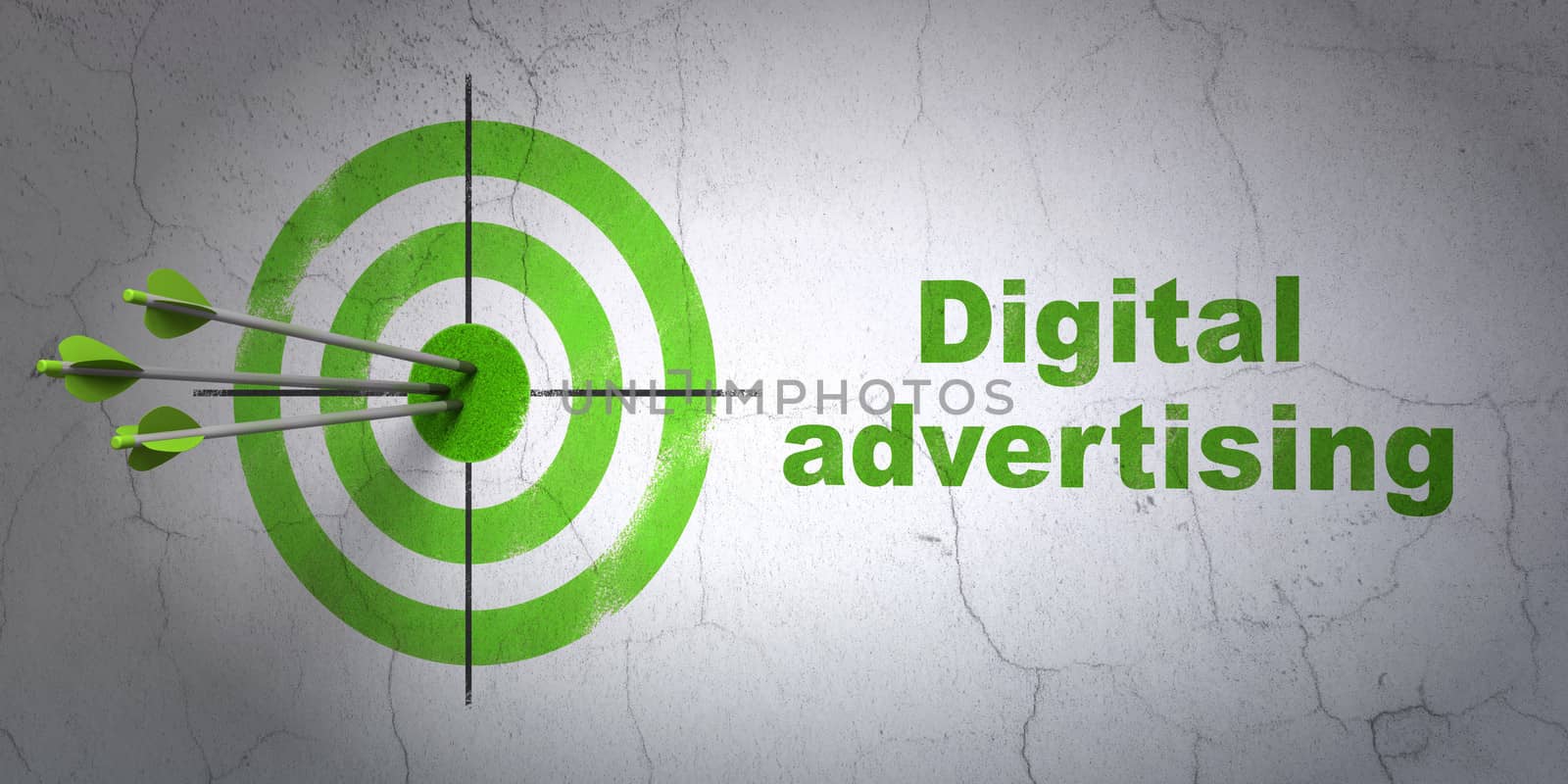 Success advertising concept: arrows hitting the center of target, Green Digital Advertising on wall background, 3d render