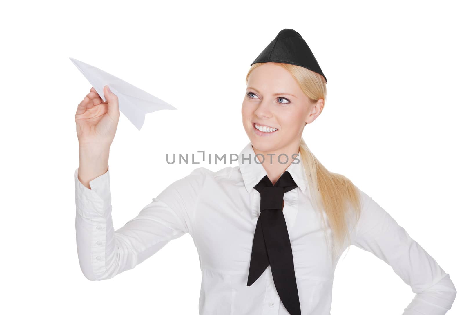 Portrait of beautiful young stewardess. Isolated on white