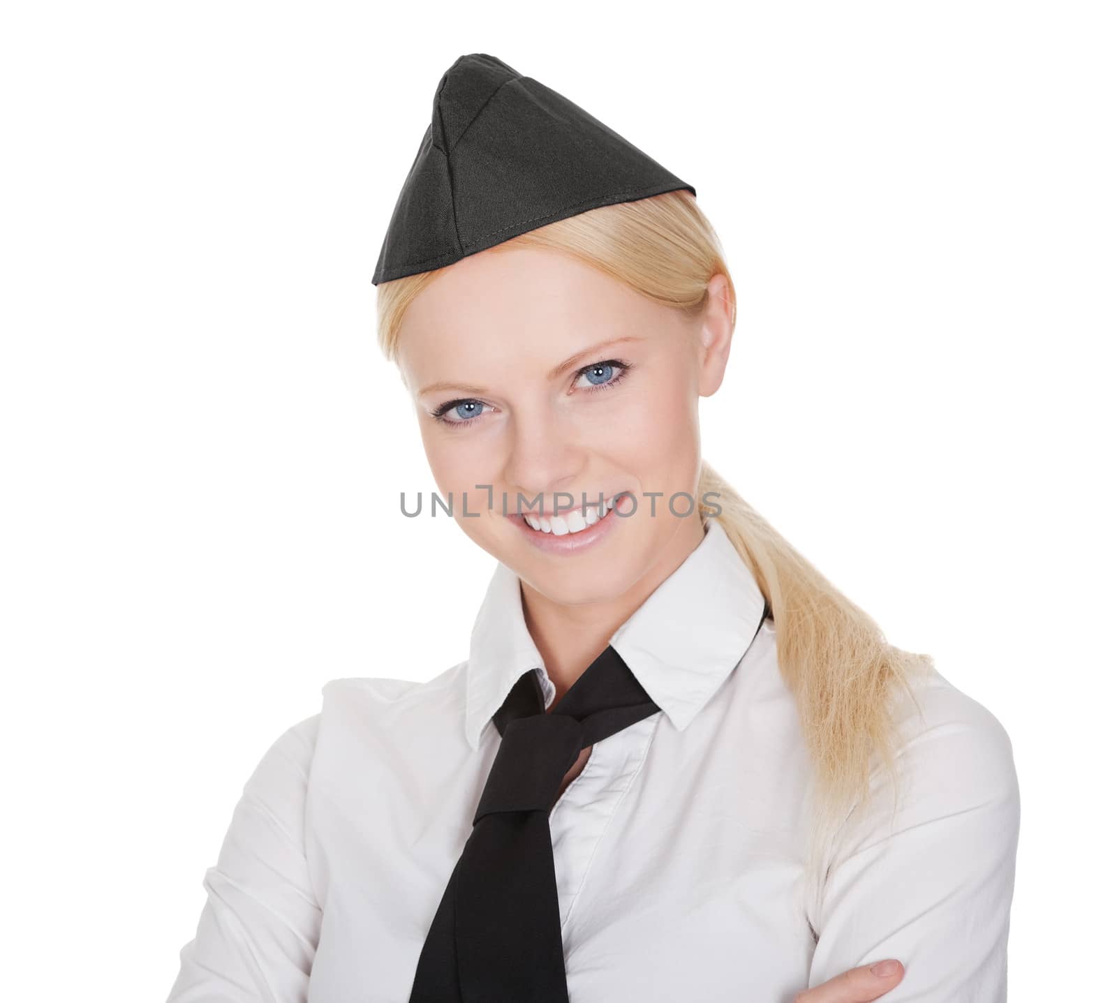 Portrait of beautiful young stewardess. Isolated on white