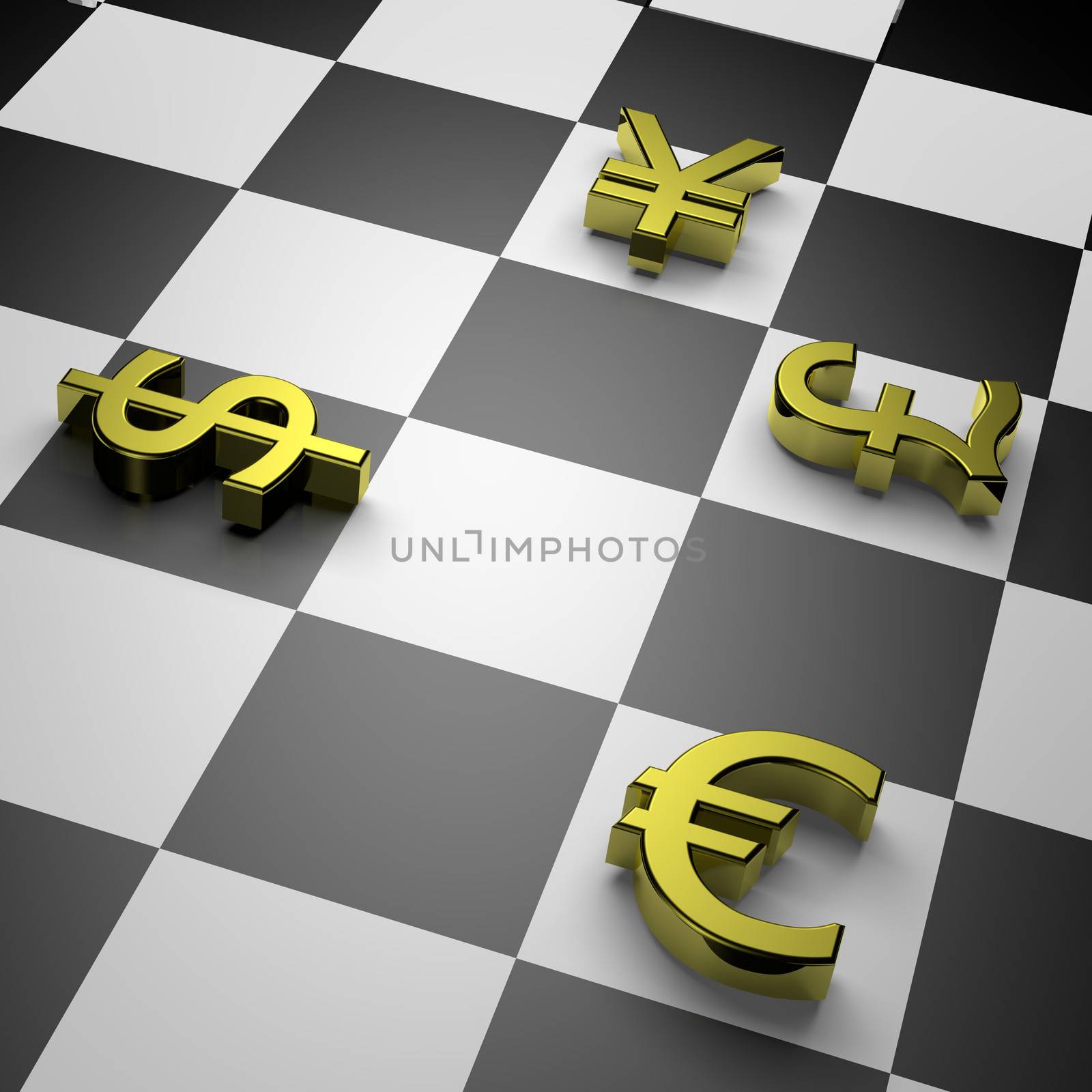 3D golden currency symbols on chessboard