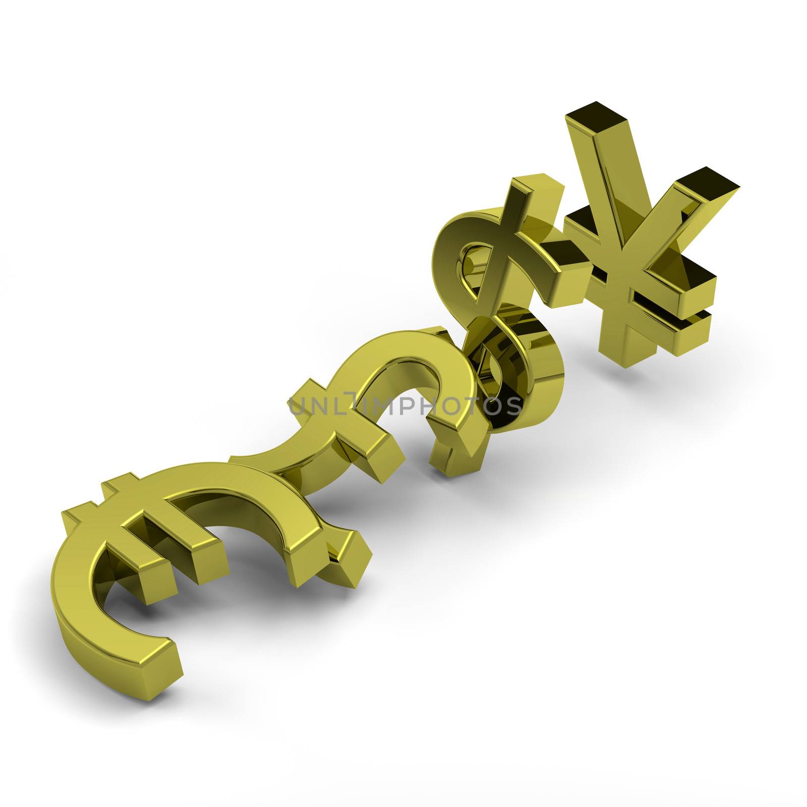 3D golden currency symbols set domino effect on white background illustration, crisis concept