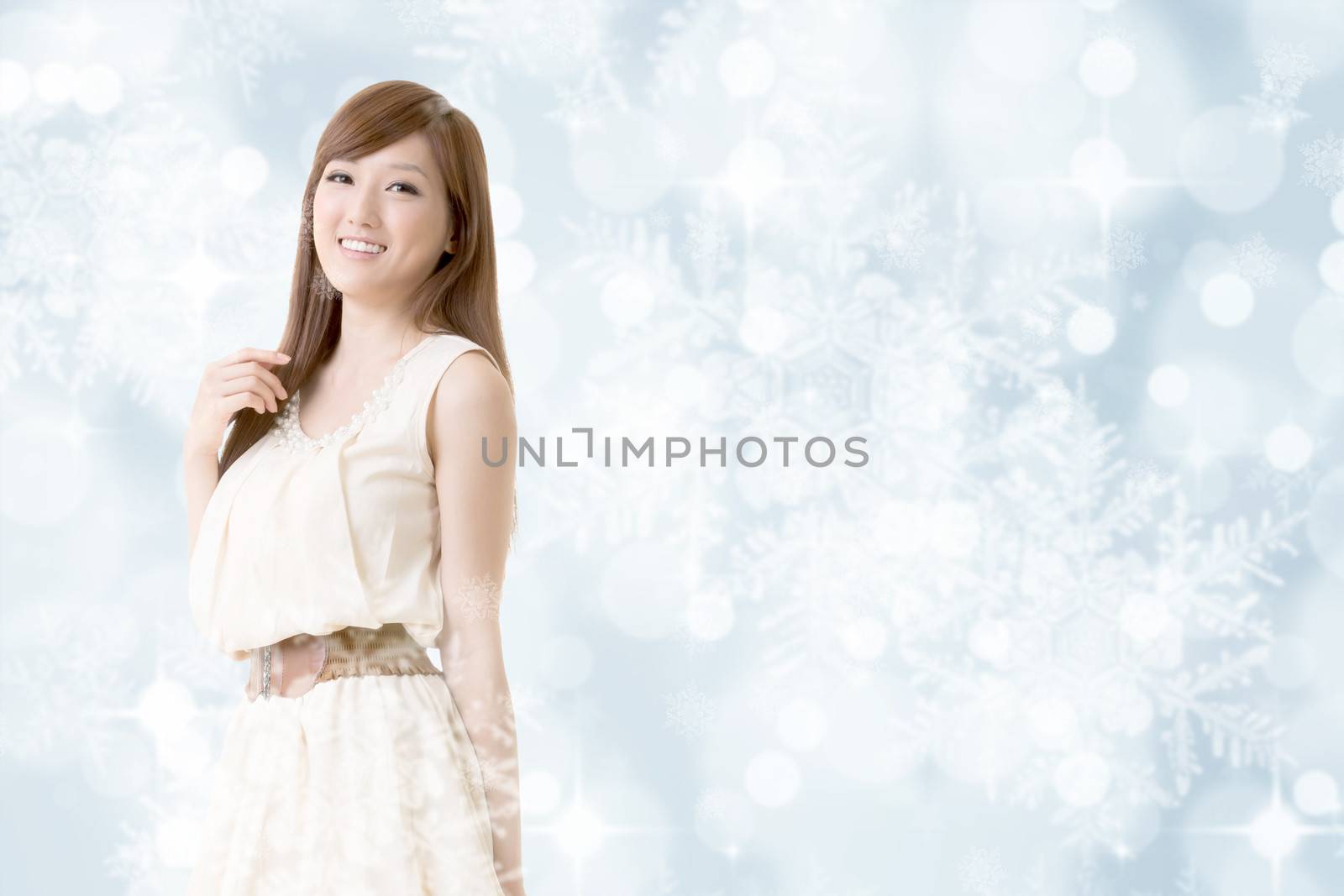 Asian beauty, closeup portrait on Christmas shiny background.