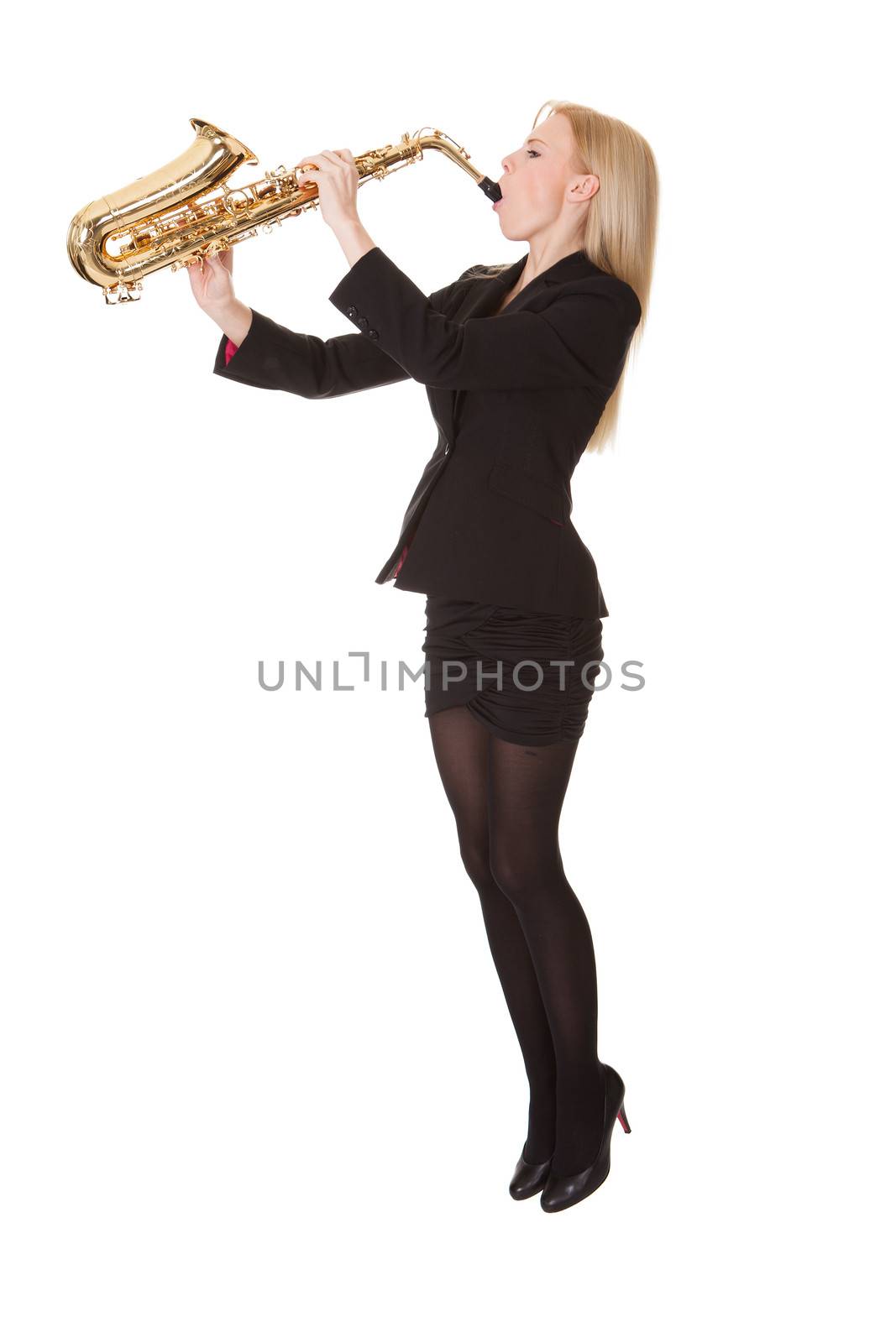 Beautiful young woman playing saxophone by AndreyPopov