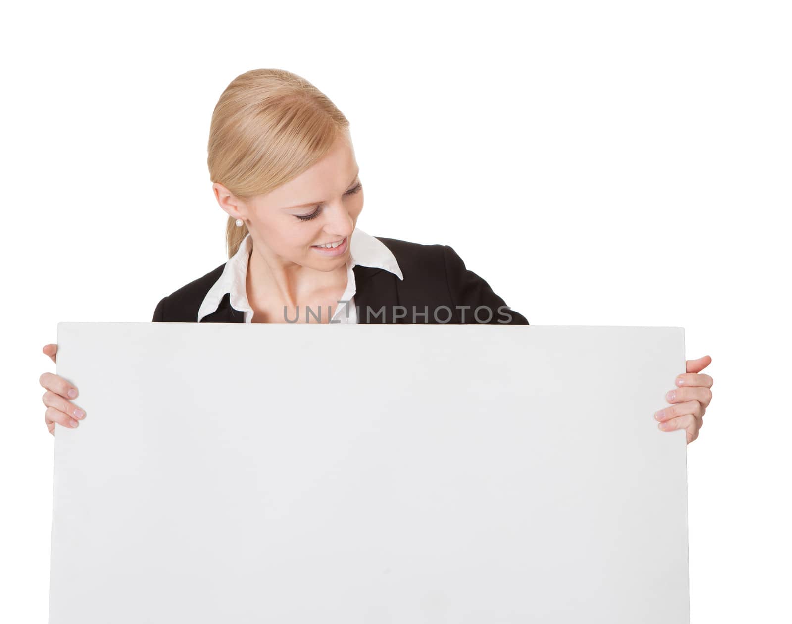 Businesswoman presenting empty banner. Isolated on white