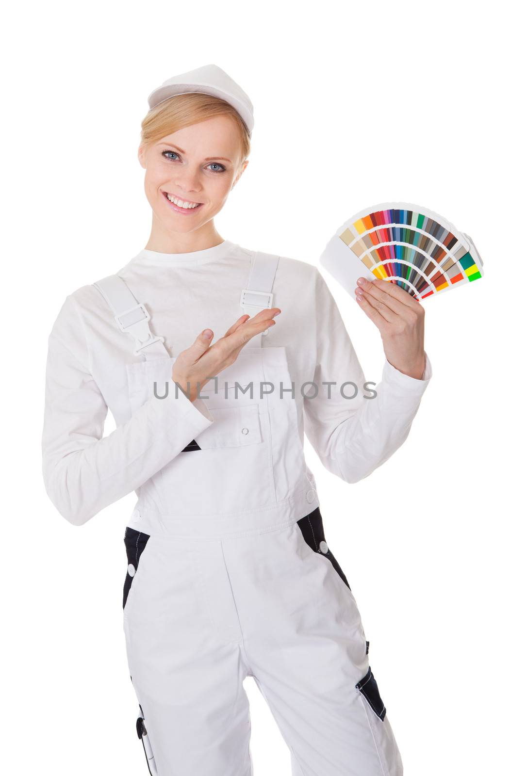 Professional young painter woman. Isolated on white