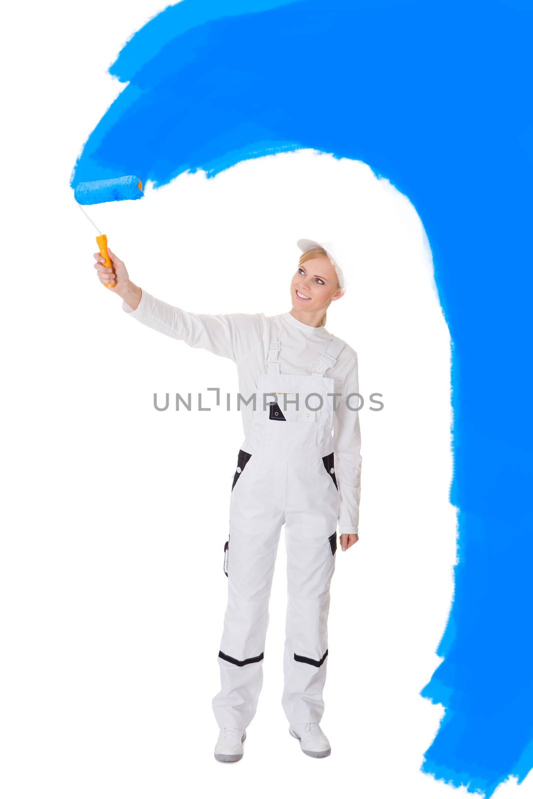 Professional young painter woman. Isolated on white