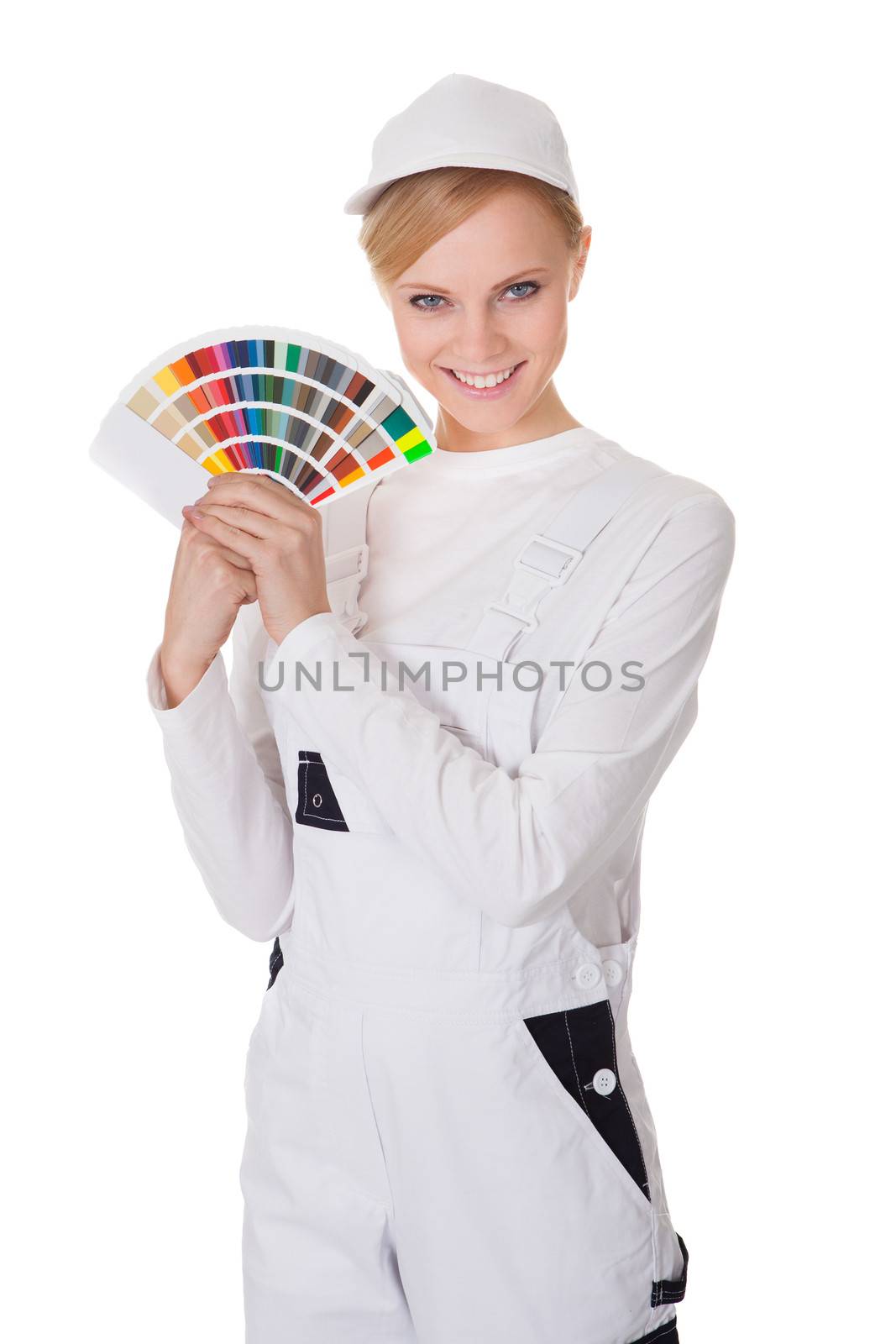 Professional young painter woman. Isolated on white