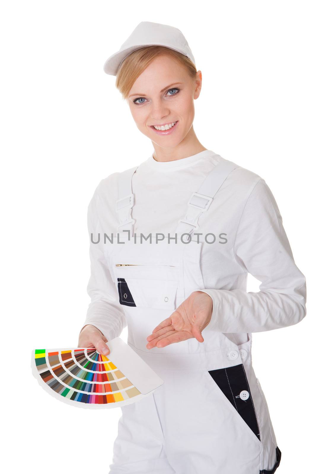 Professional young painter woman. Isolated on white