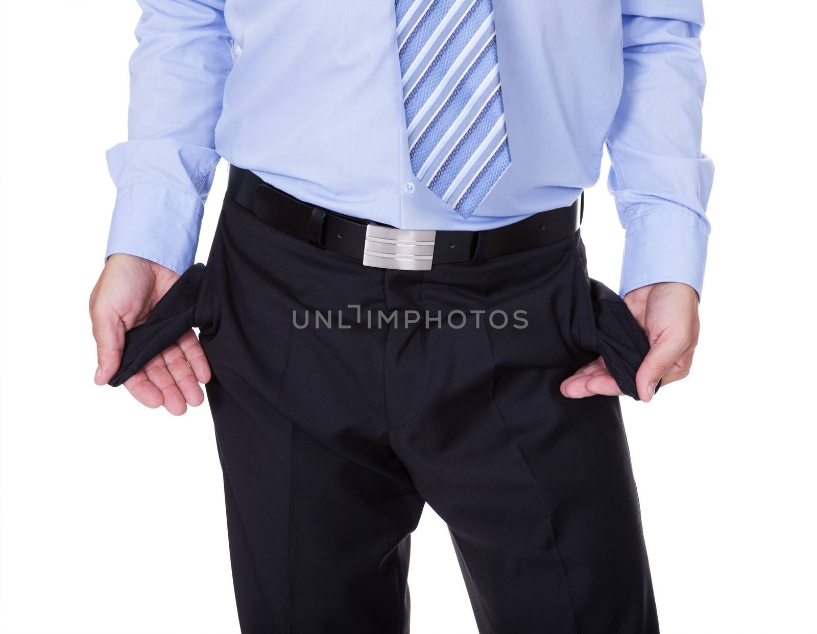 Businessman Showing Empty Pockets On White Backgrounds