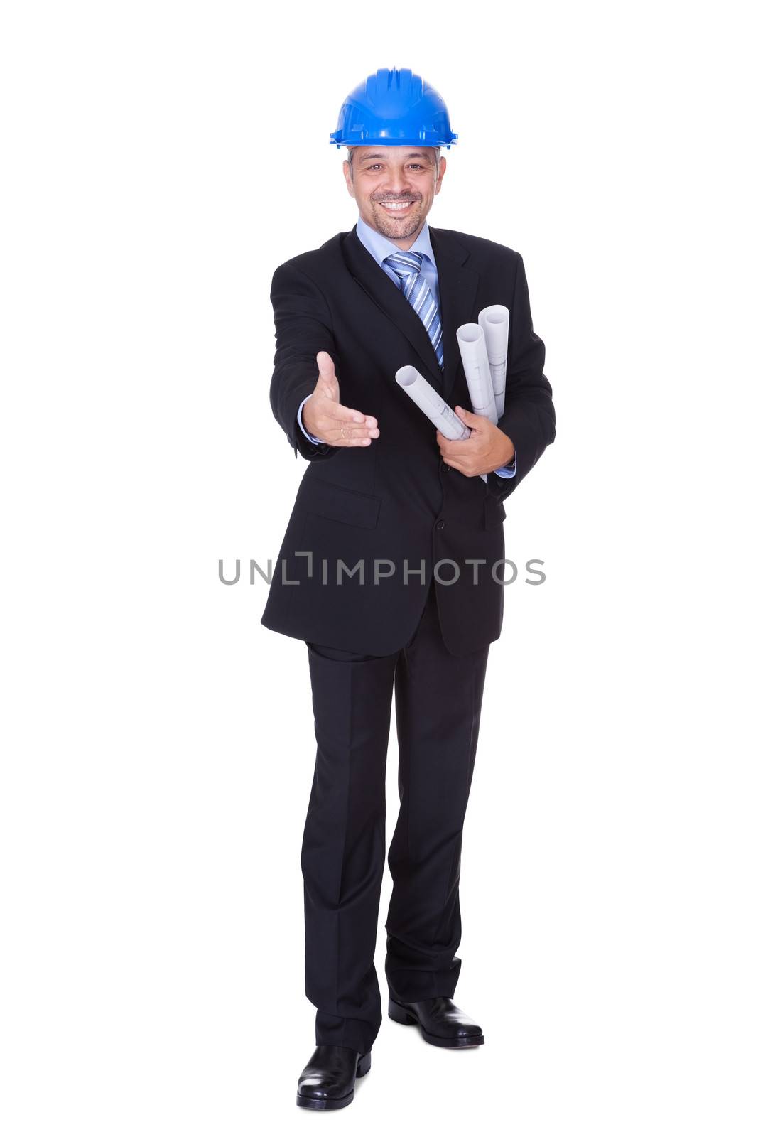 Happy Male Architect Offering Handshake On White Background