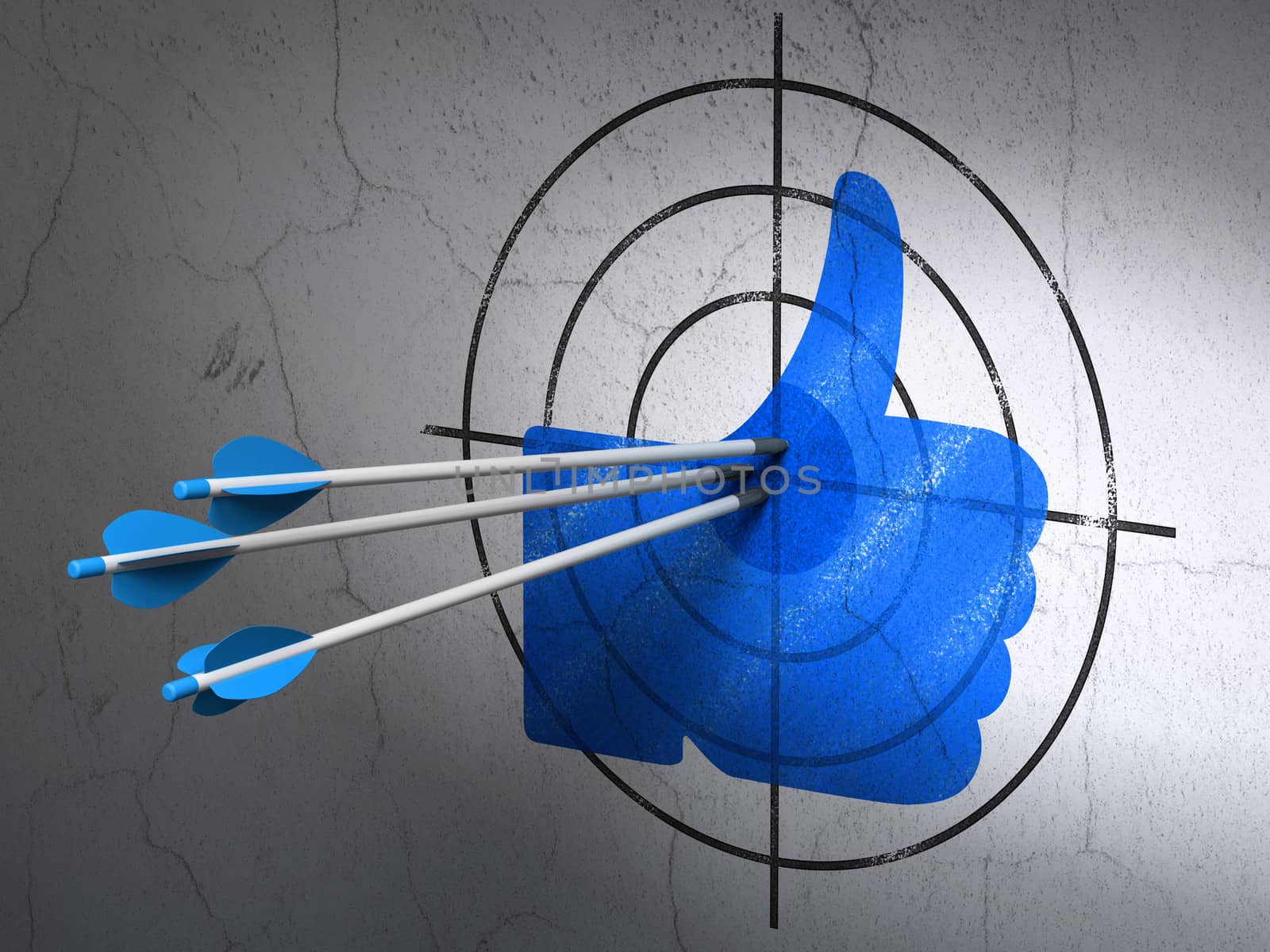 Success social network concept: arrows hitting the center of Blue Thumb Up target on wall background, 3d render