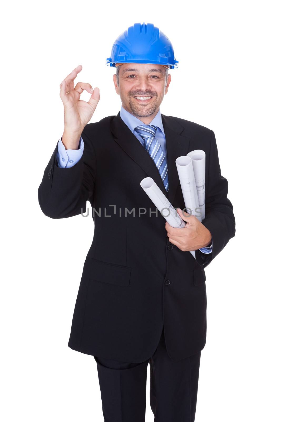 Happy Male Architect Offering Handshake On White Background