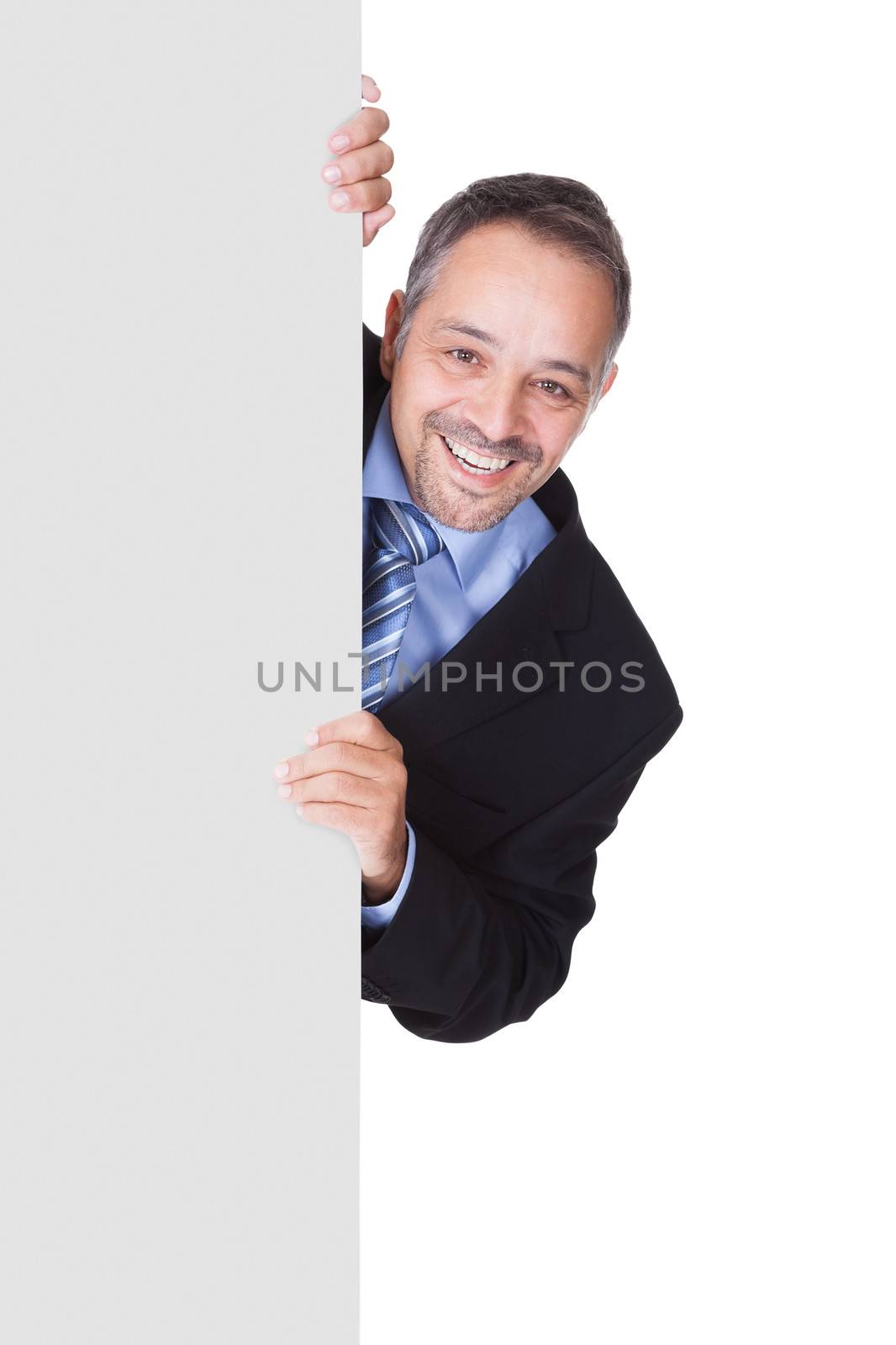 Happy Businessman Holding Blank Billboard On White Background