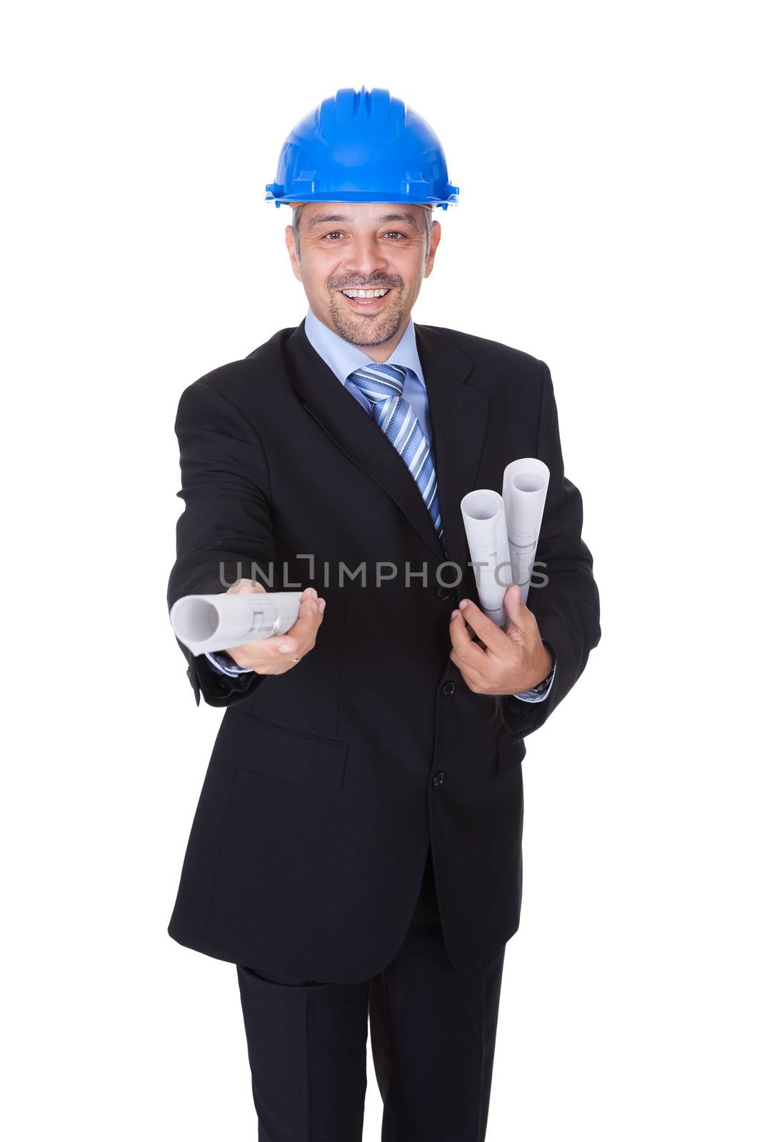 Happy Male Architect Offering Blueprint On White Background