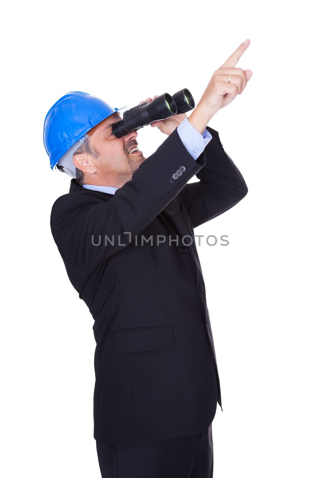 Male Architect Looking Through Binoculars On White Background