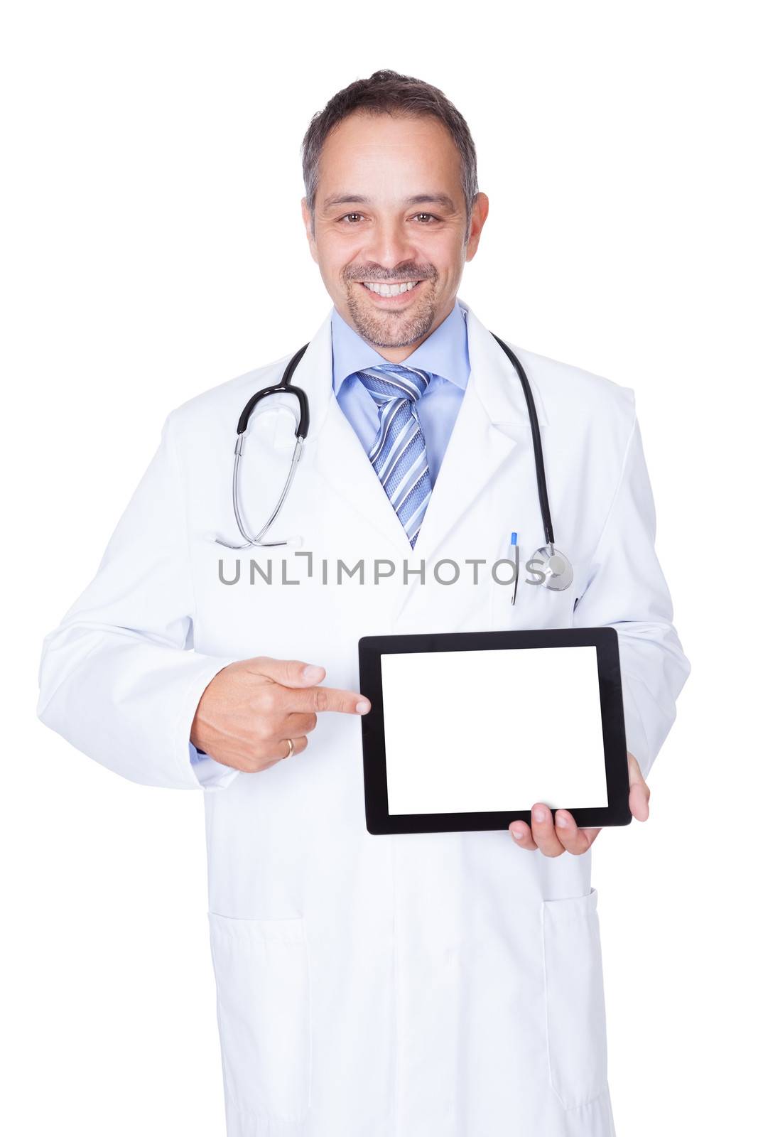 Happy Doctor Holding Blank Digital Tablet by AndreyPopov