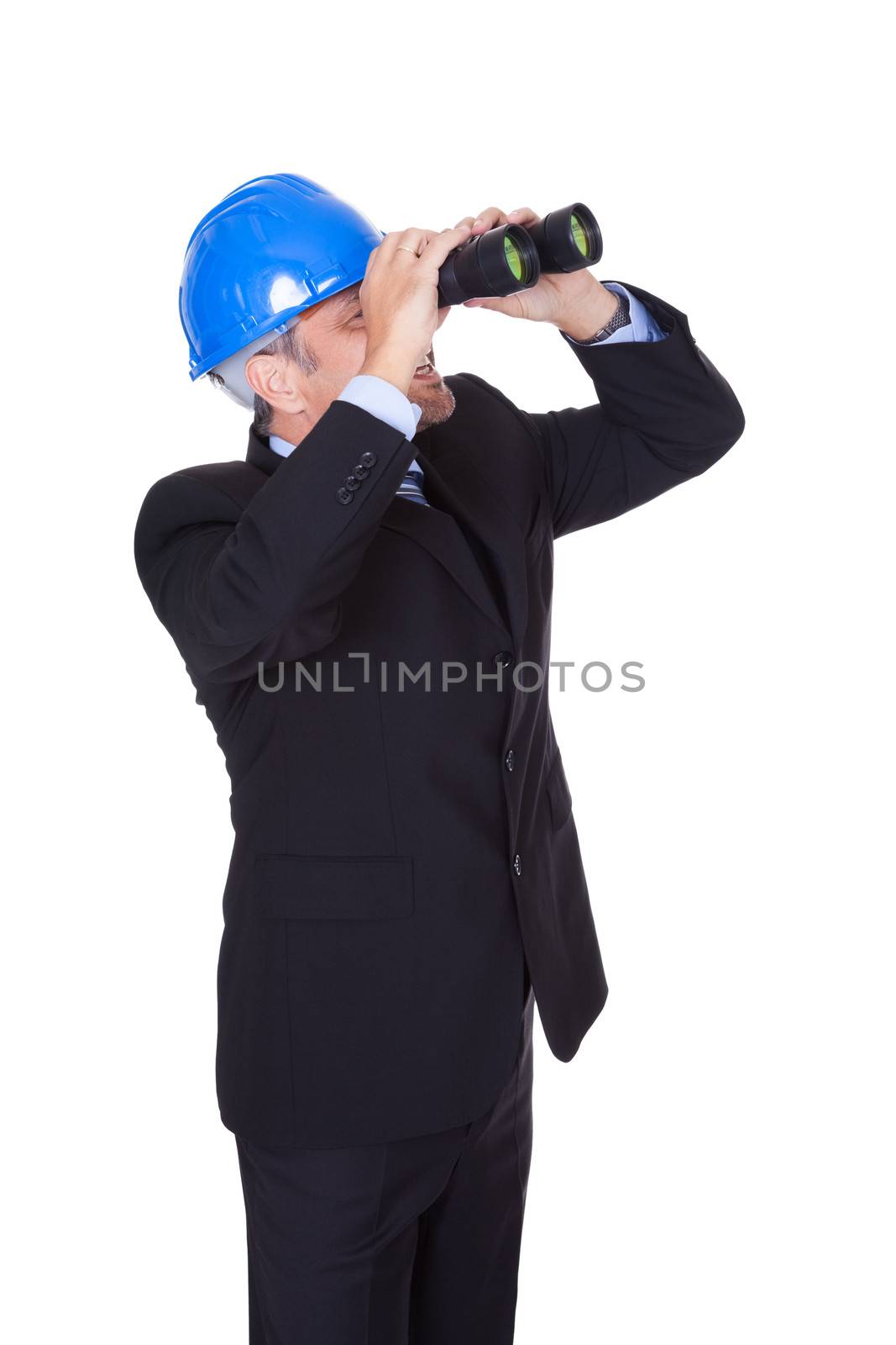 Male Architect Looking Through Binoculars On White Background
