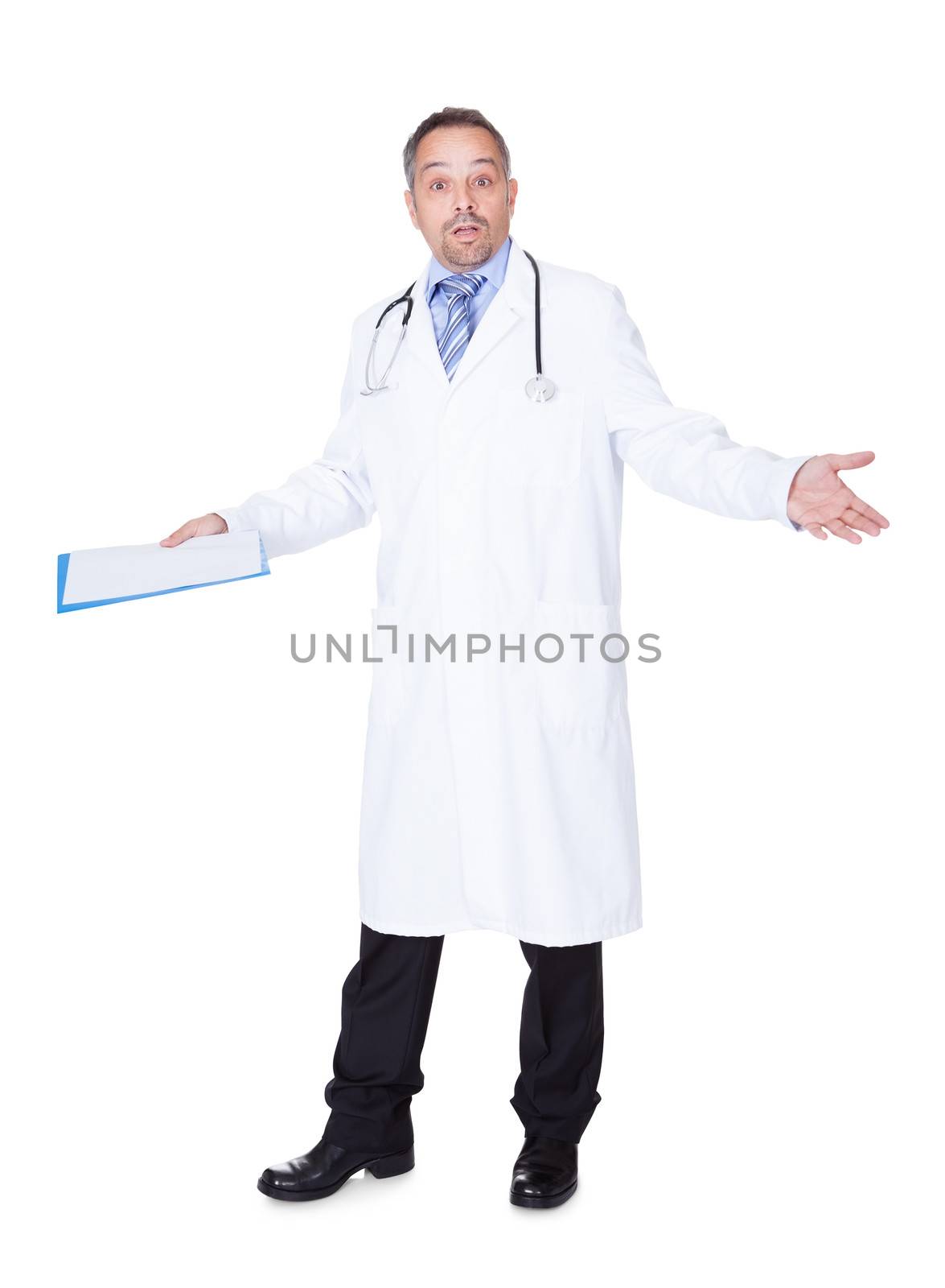 Portrait Of Confused Doctor With Results. Isolated On White