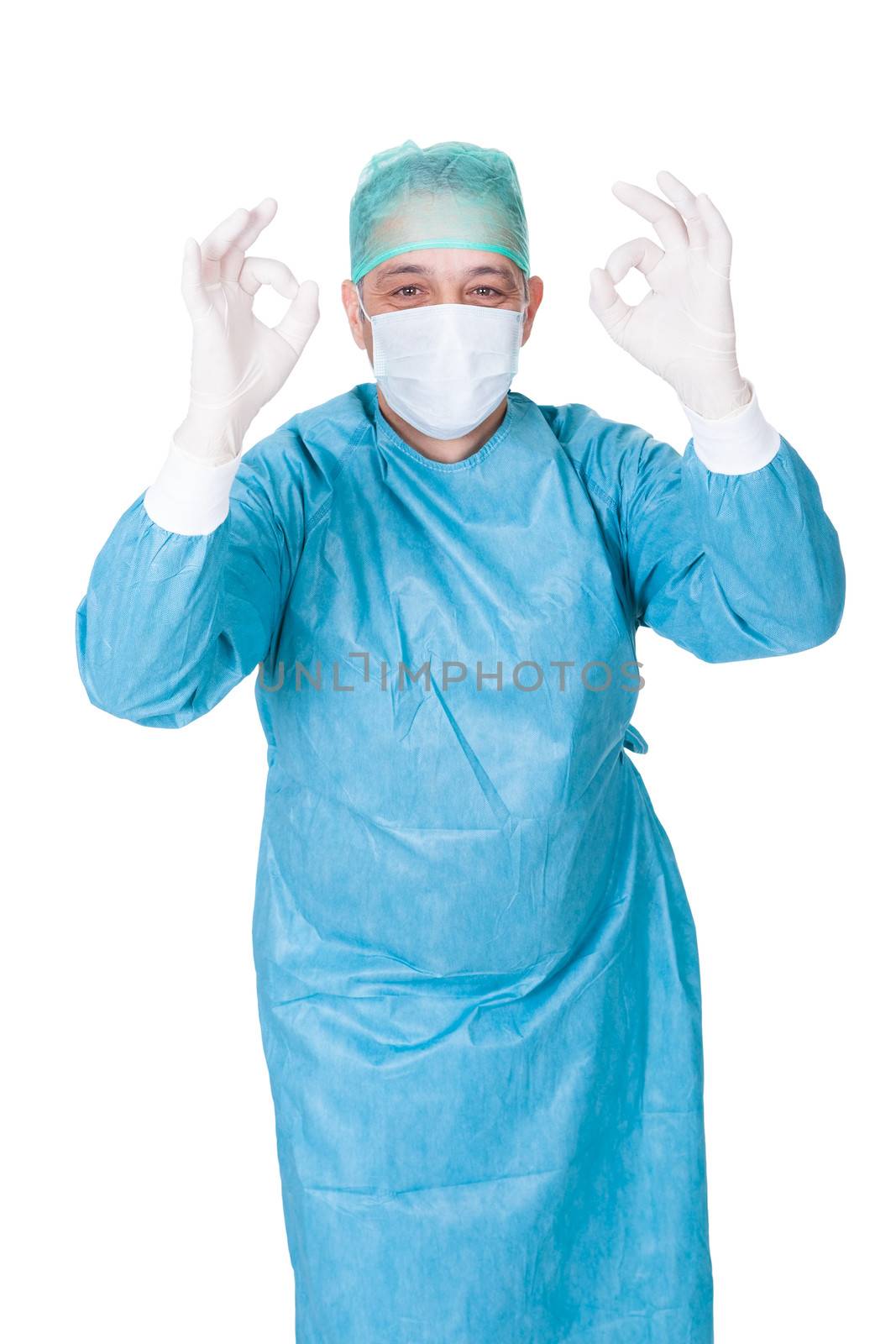 Portrait Of Doctor Showing Ok Sign On White Background