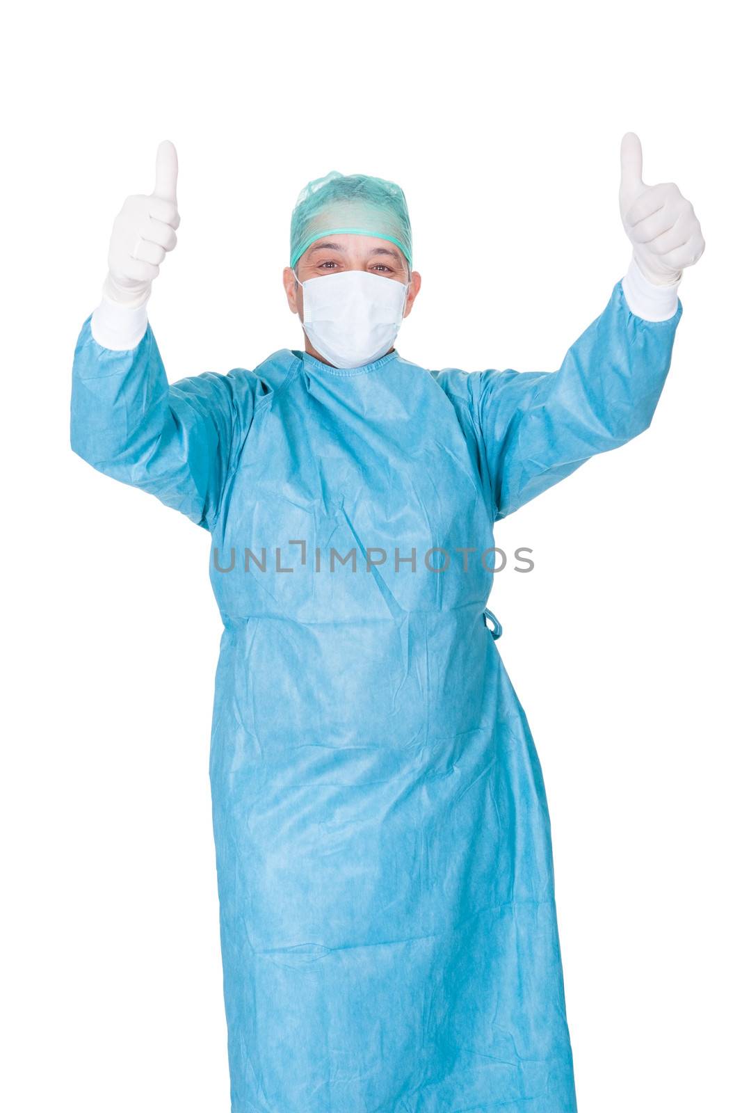 Portrait Of Doctor Showing Thumbs Up Sign On White Background