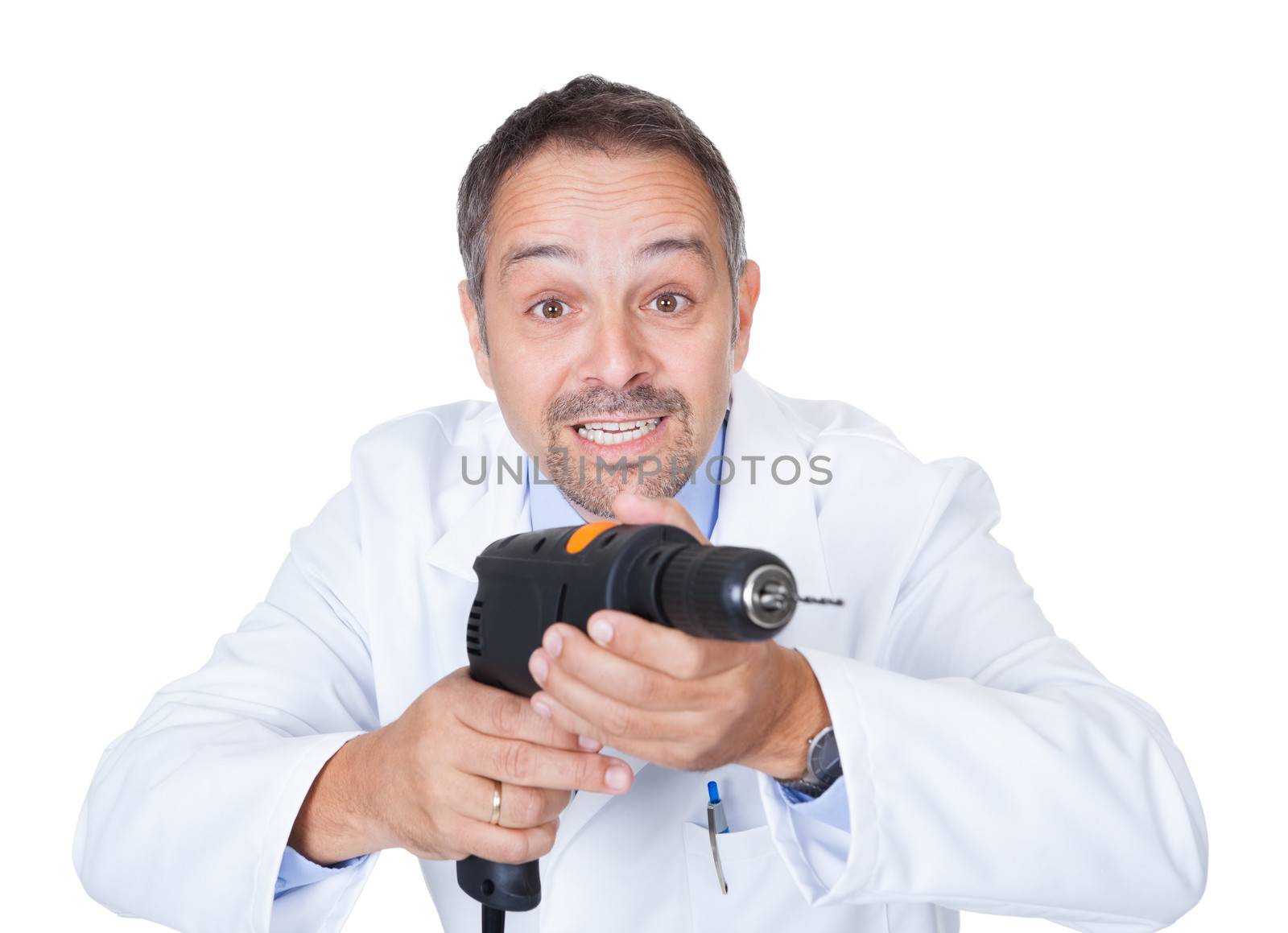 Doctor Holding Drill Machine On White Background